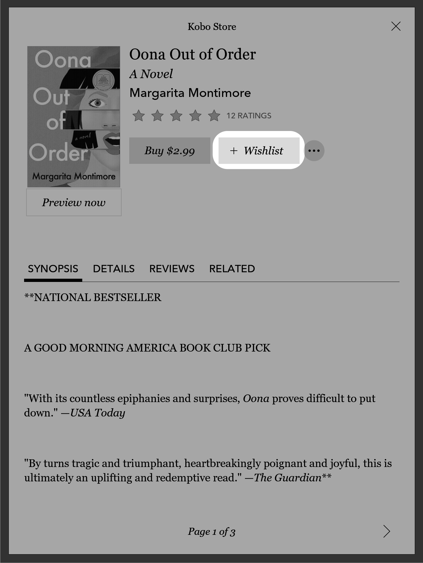 Kobo eReader Store-pagina met de Wenslijst-knop gemarkeerd.