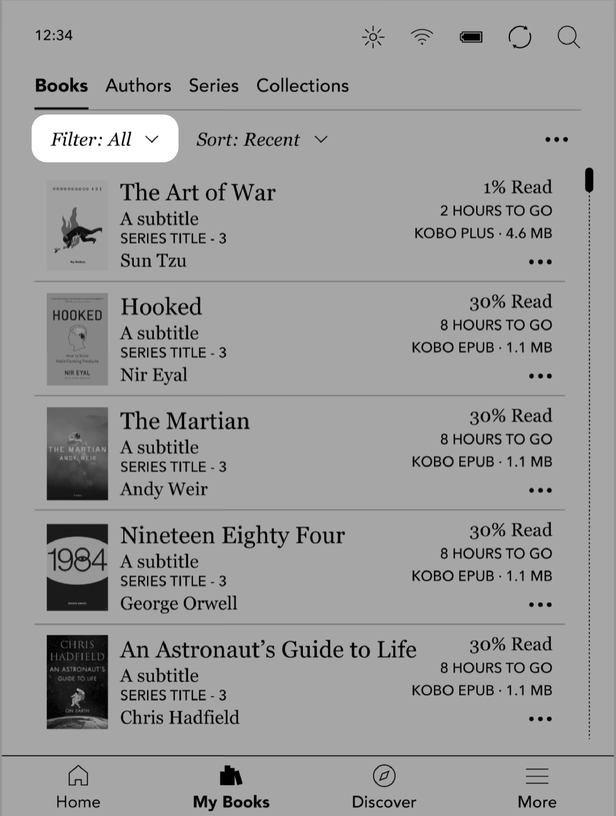 Kobo eReader My Books menu with the Filter option highlighted.