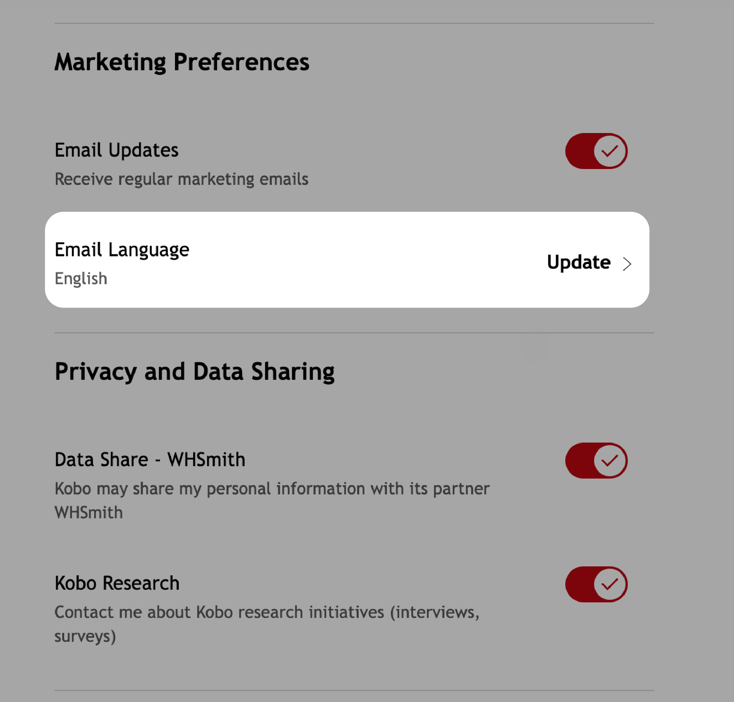 Het menu Marketingvoorkeuren op Kobo.com met de optie Taal voor e-mails gemarkeerd.