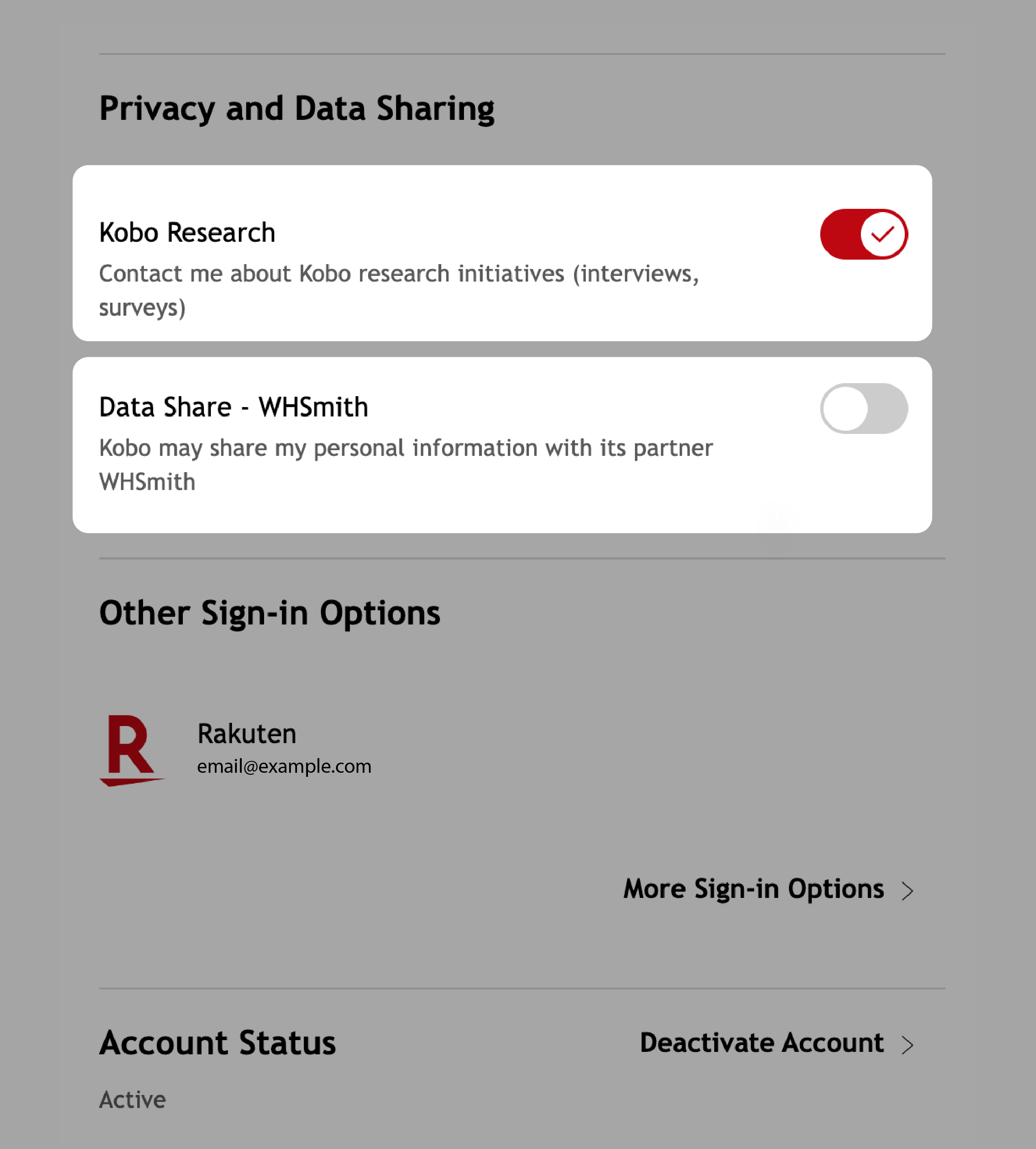 Privacy- en gegevensuitwisselingsmenu op Kobo.com met gemarkeerde opties voor Kobo-onderzoek en gegevensdeling.