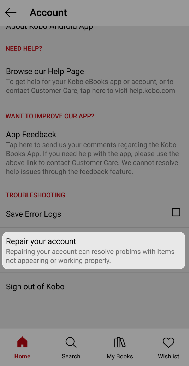 Kobo Books app Account page with the Repair your account button highlighted.