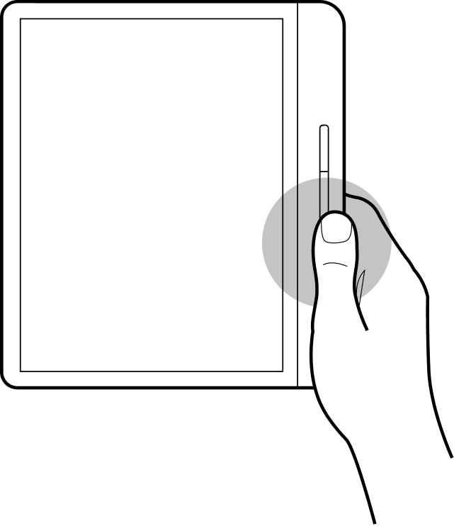 Kobo eReader illustration with a hand holding the eReader and pressing the page turn button.