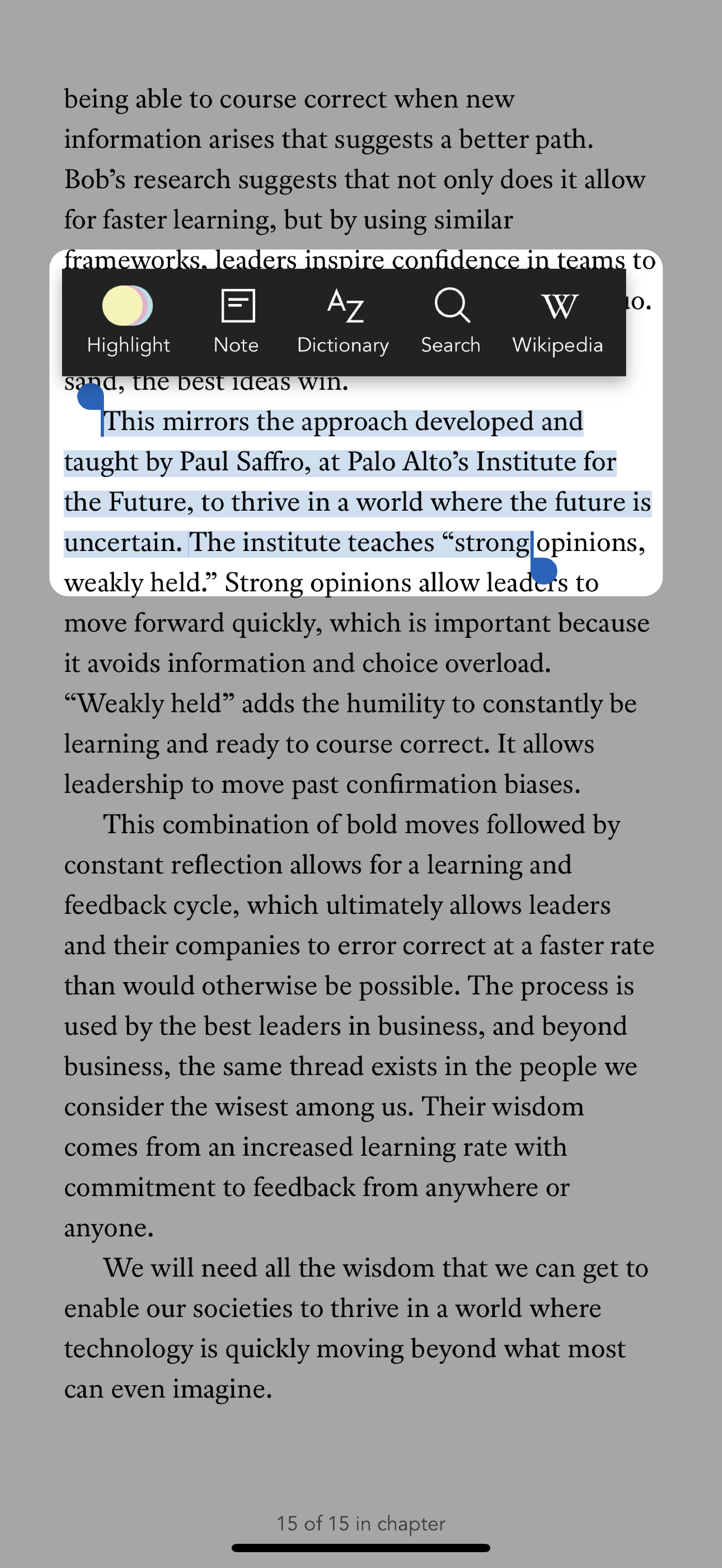 Kobo Books app with the highlight feature selected.