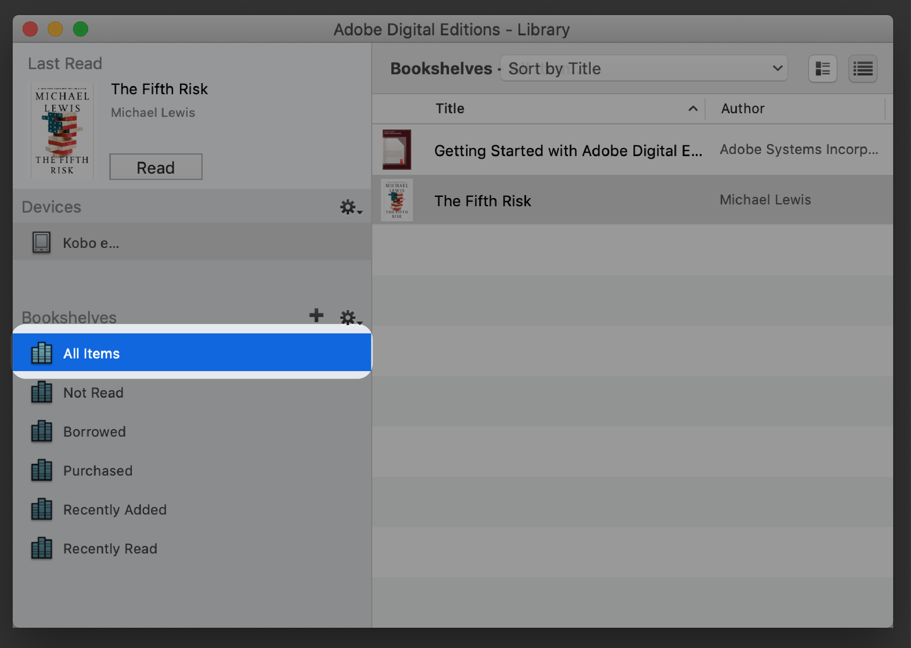 Adobe Digital Editions mit dem Menü "Alle Elemente" ausgewählt.