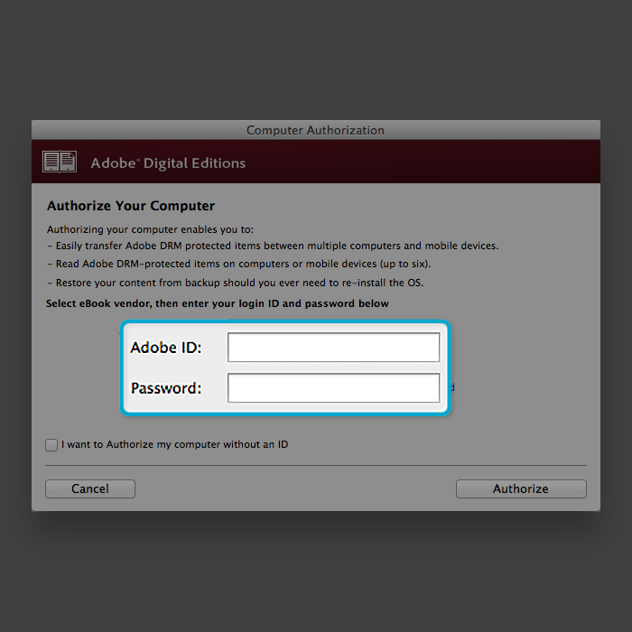 Adobe Digital Editions setup screen with the Adobe ID and Password field highlighted.