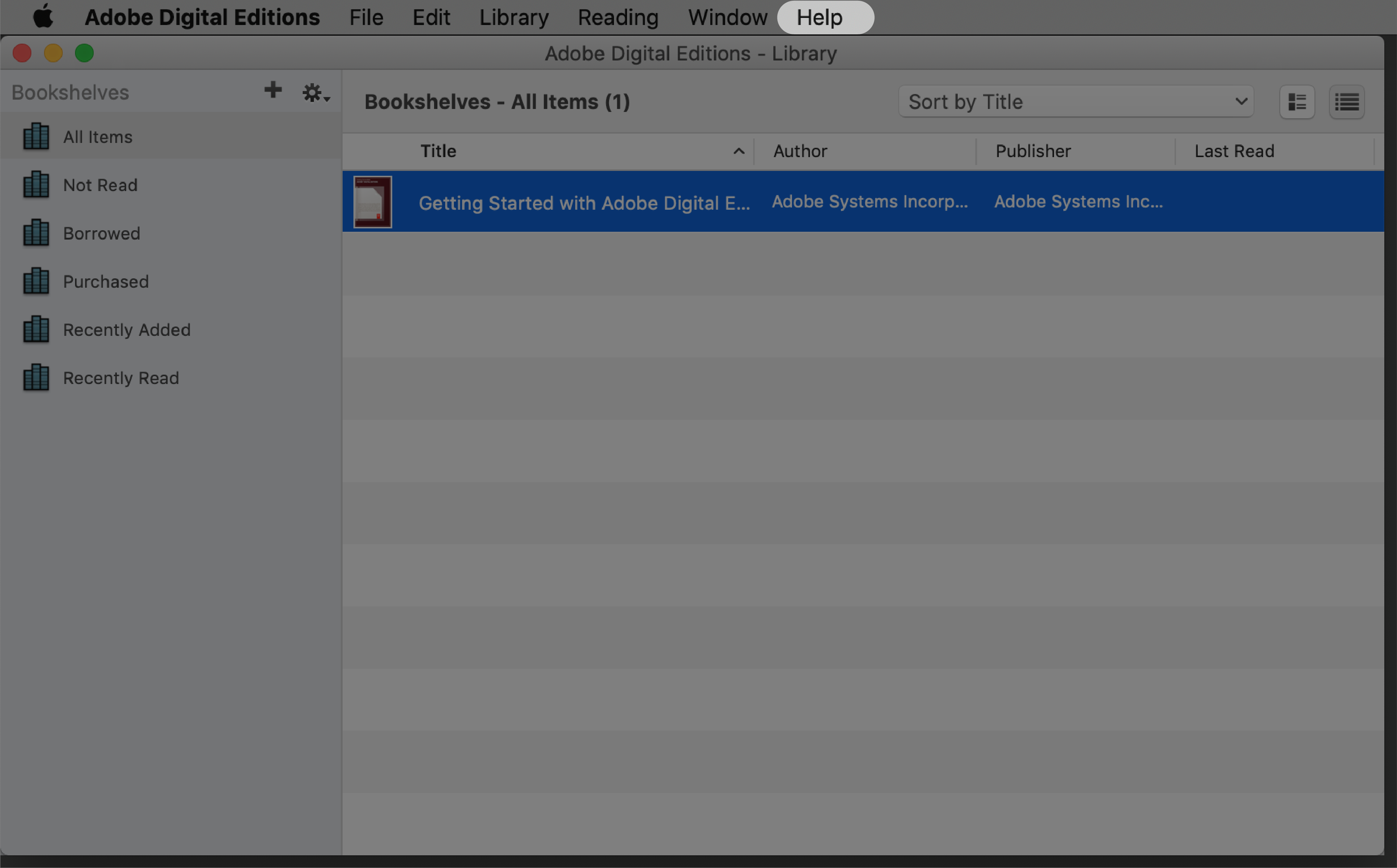 Adobe Digital Editions with the Help menu highlighted.