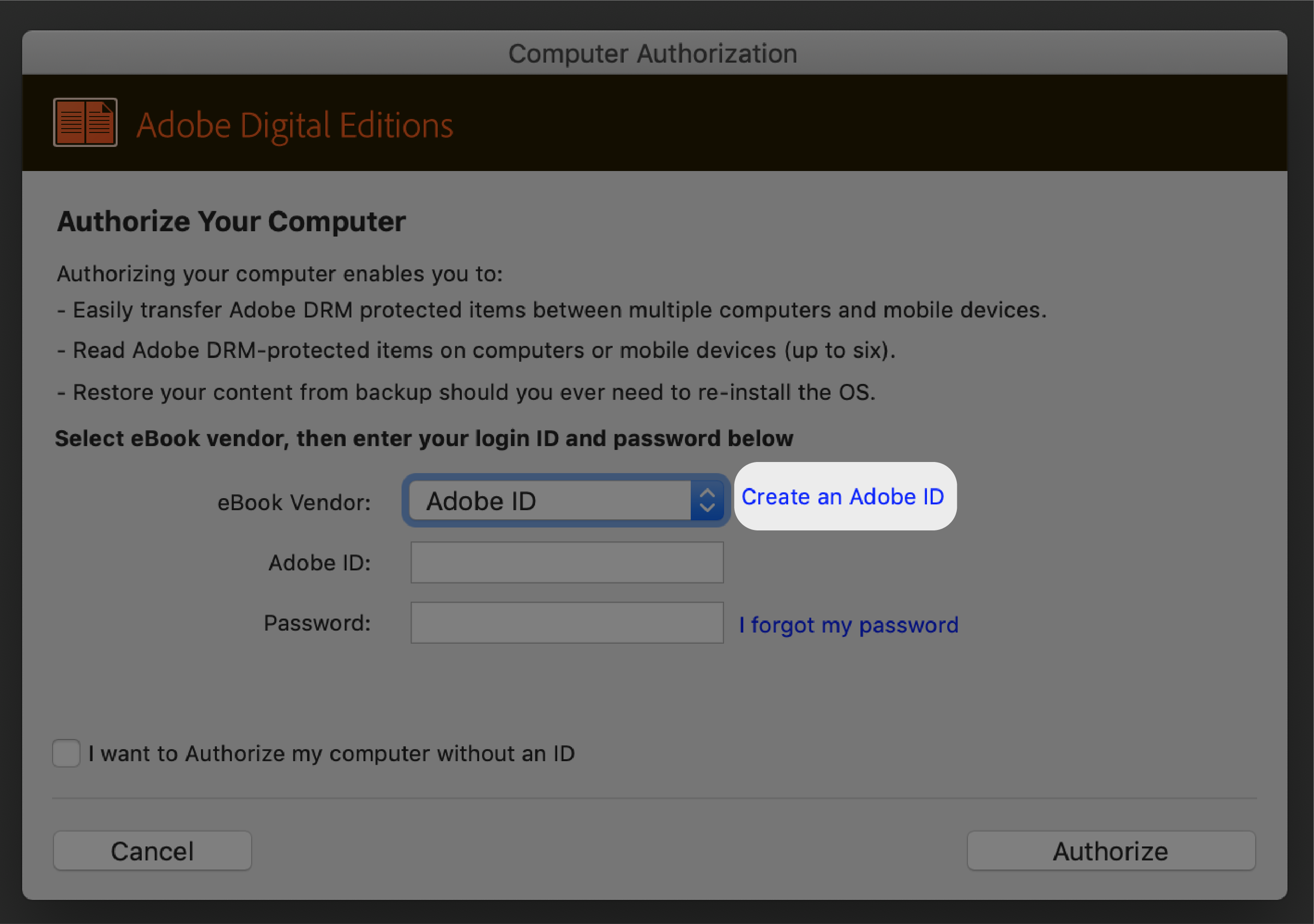 Adobe Digital Editions setup menu with the Create an Adobe ID button highlighted.