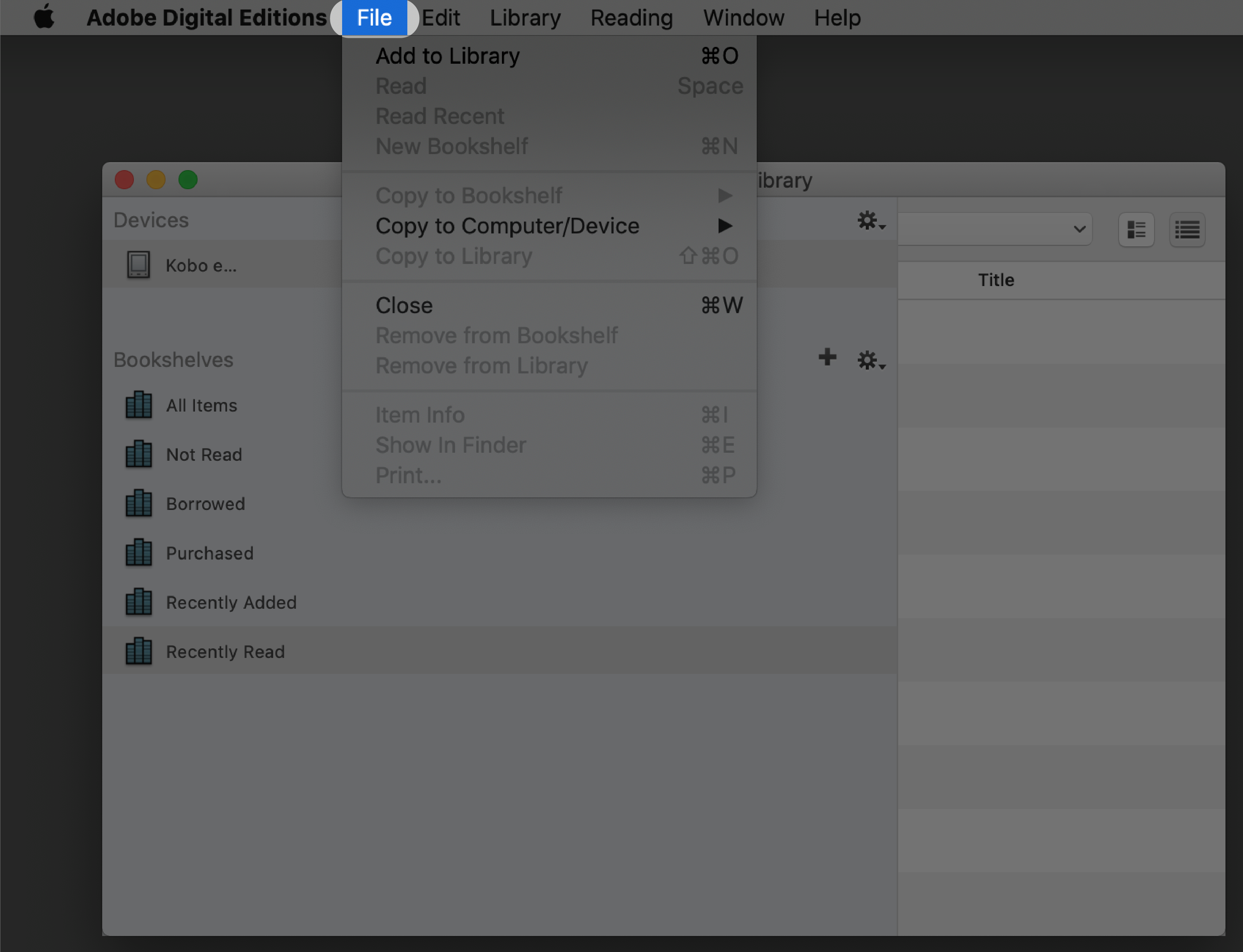 Adobe Digital Editions with the File button highlighted.