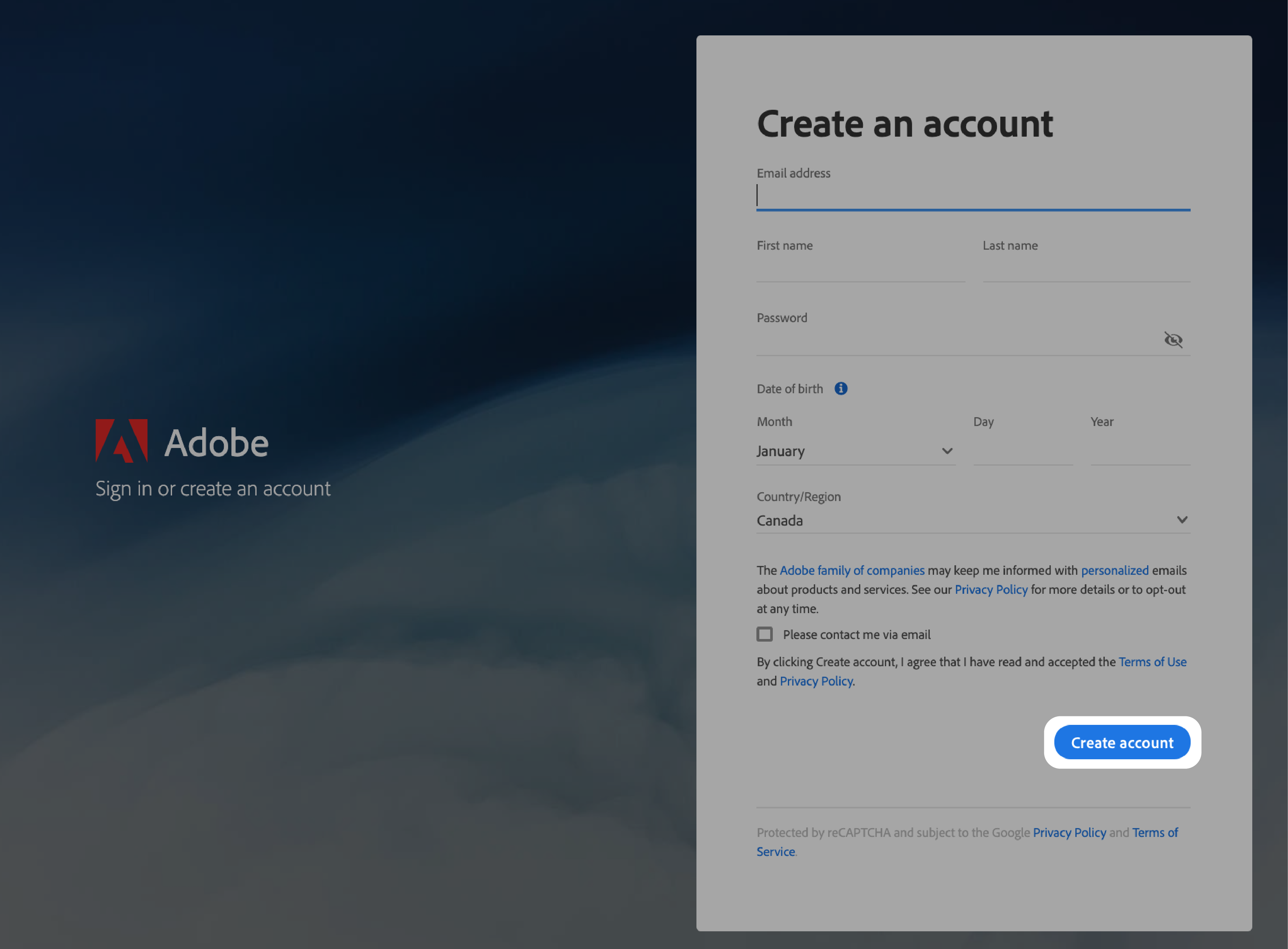 Adobe Digital Editions setup screen with the Create account button highlighted.