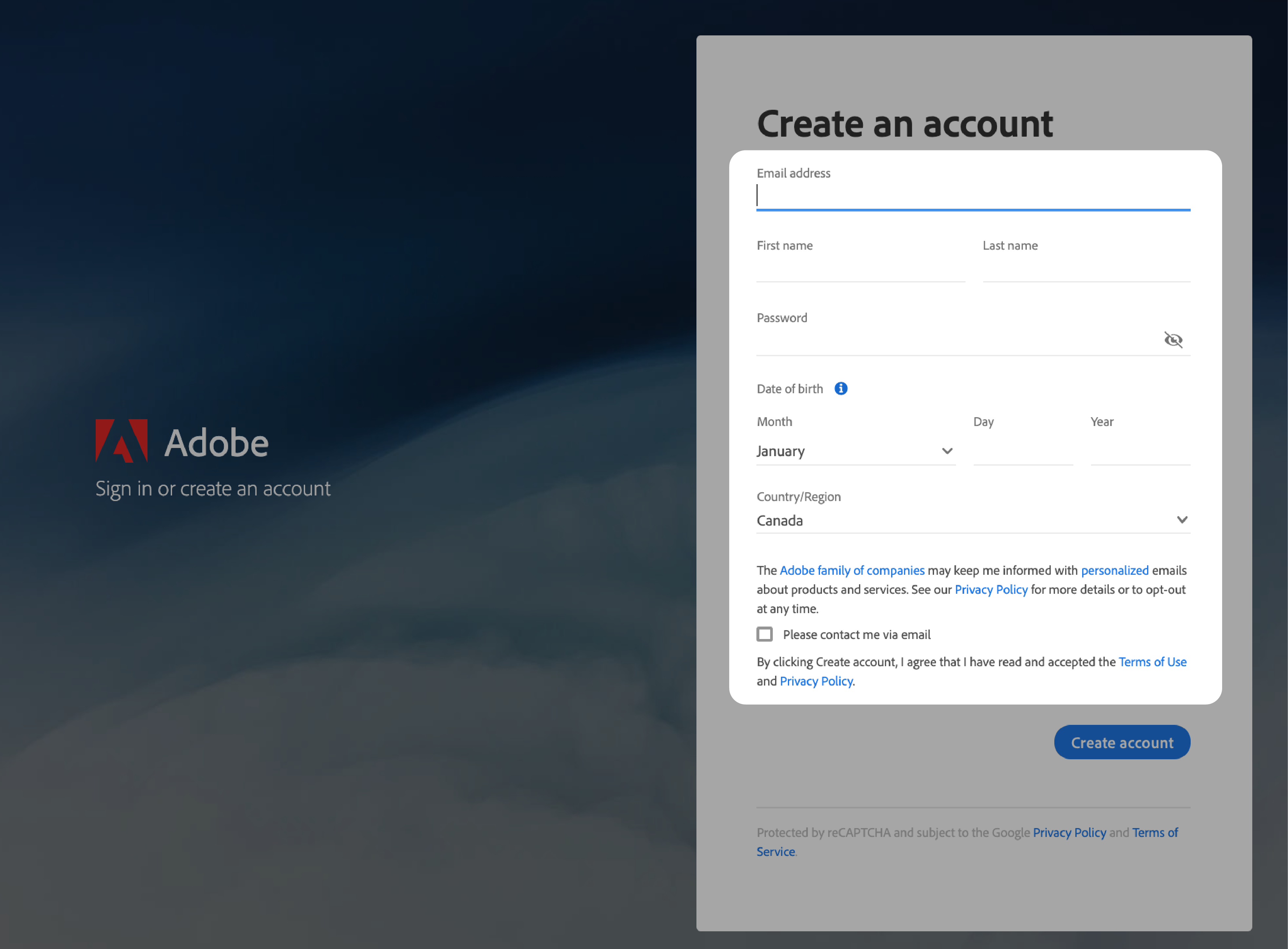 Adobe Digital Editions setup screen with the Create account field highlighted.