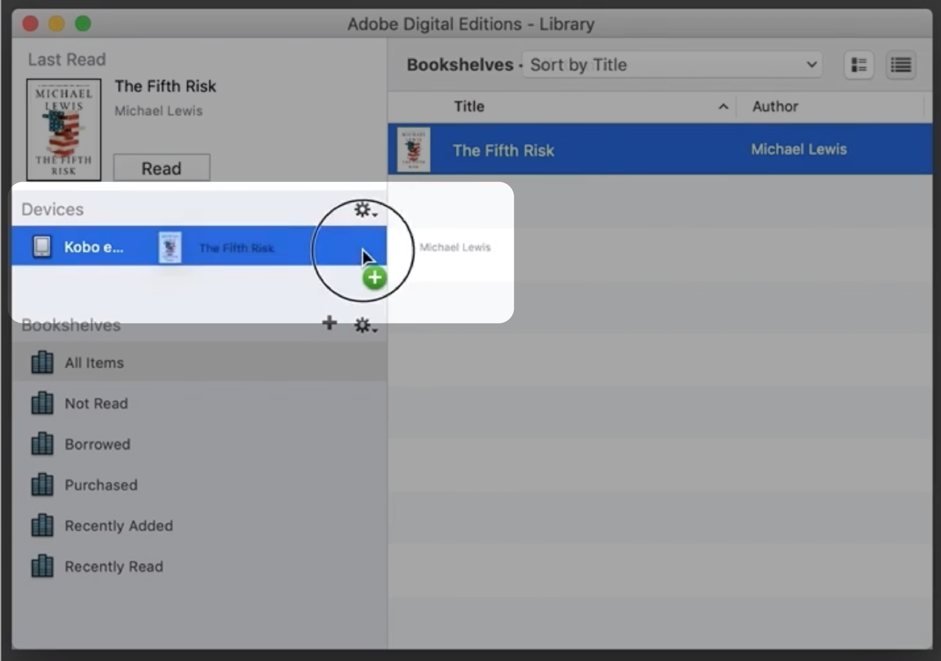 Adobe Digital Editions with a file being dragged into the Kobo eReader icon.