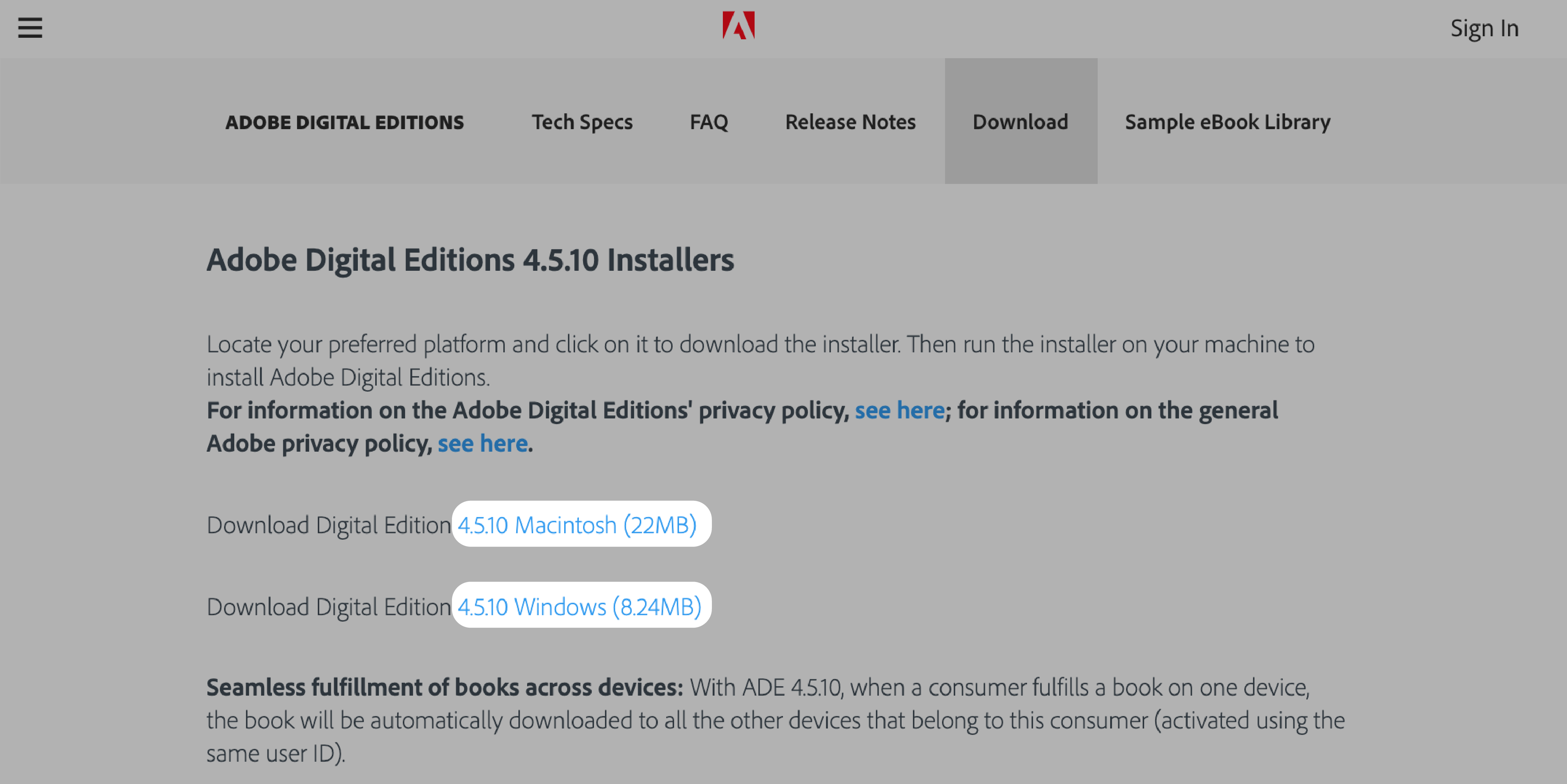 Pantalla de descarga de Adobe con la versión para Macintosh y Windows de ADE resaltada.