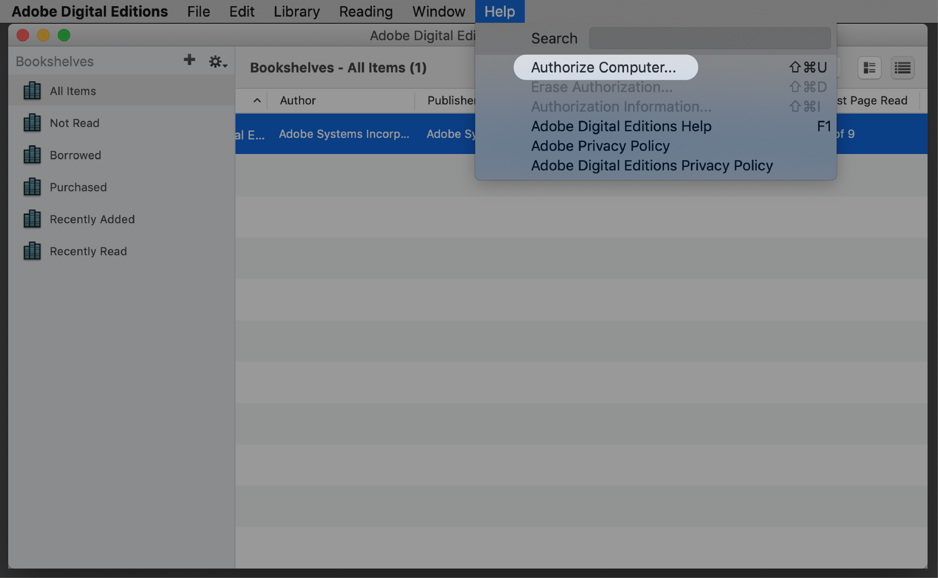 Adobe Digital Editions with the Authorize Computer menu highlighted.