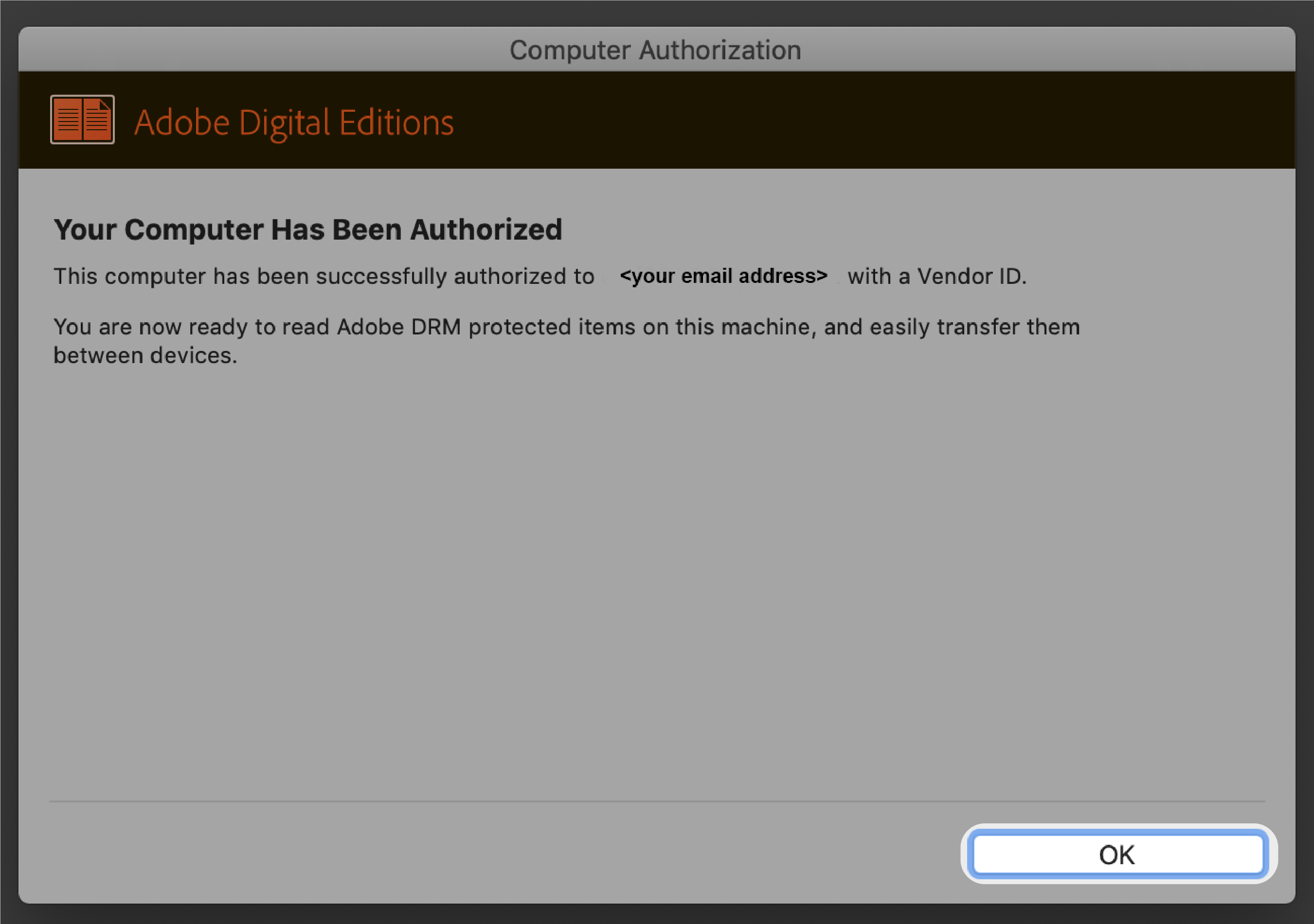 Adobe Digital Editions Computer Authorization screen with the OK button highlighted.