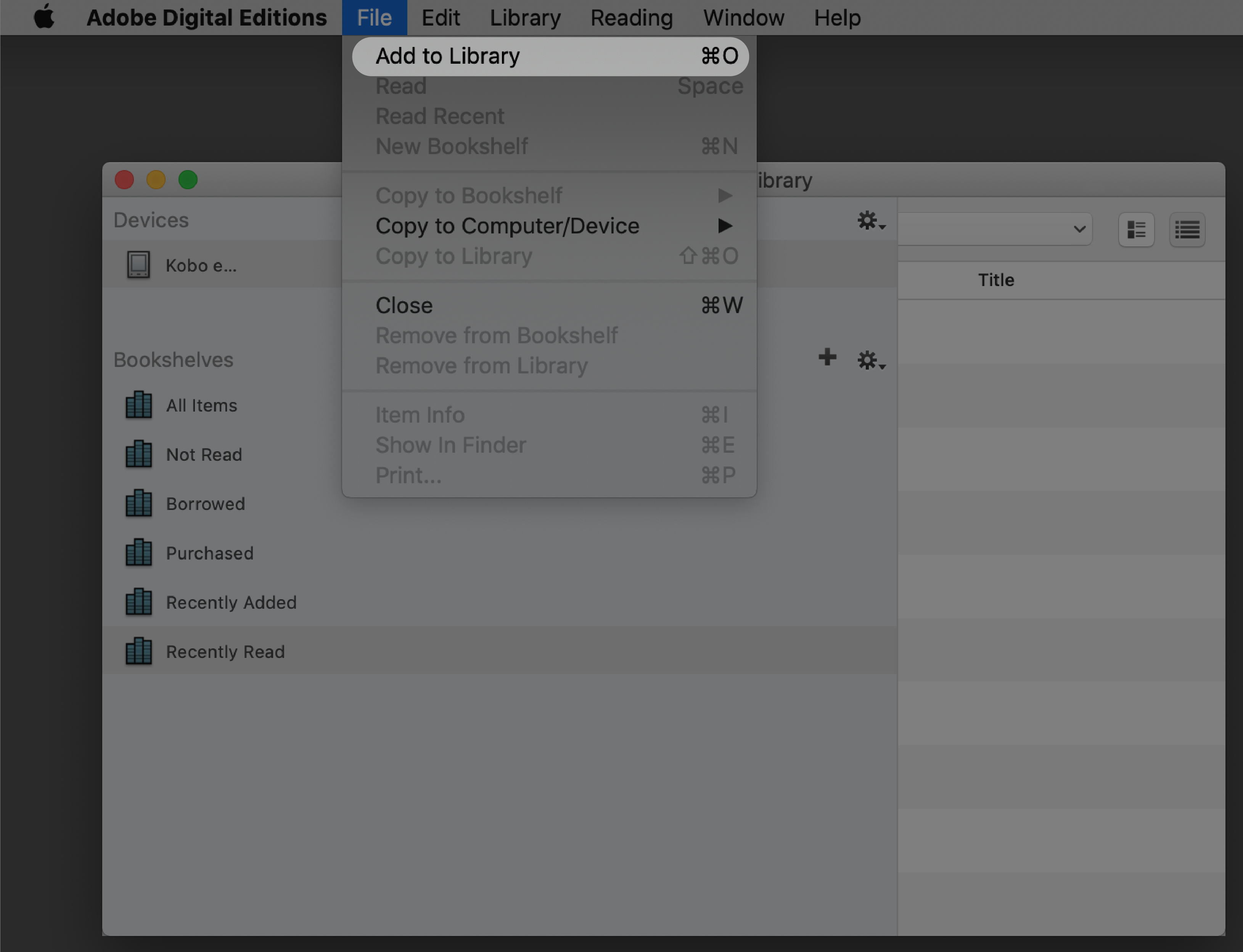 Adobe Digital Editions with the Add to Library button highlighted.