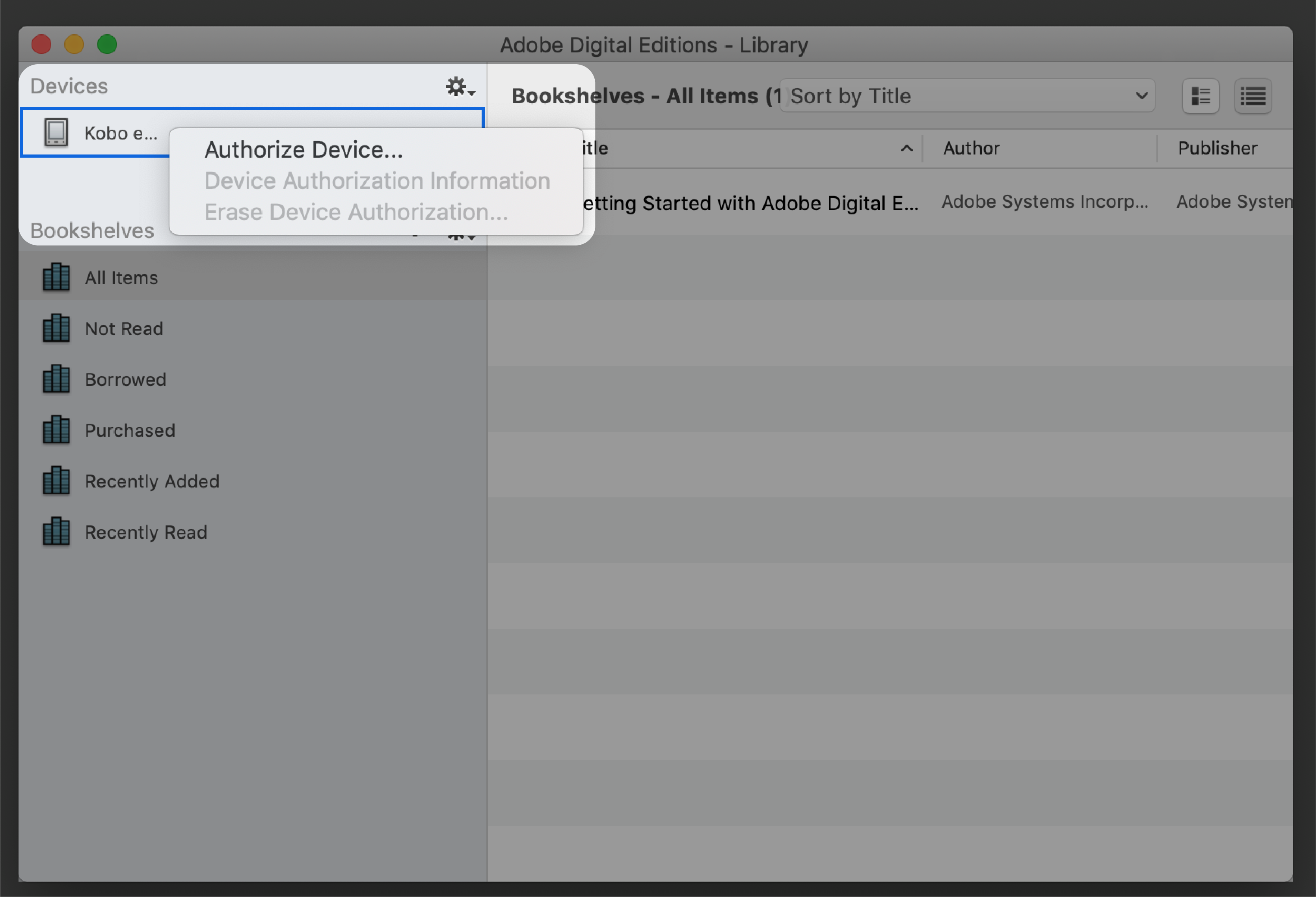 Adobe Digital Editions menu with the Authorize Device menu highlighted.