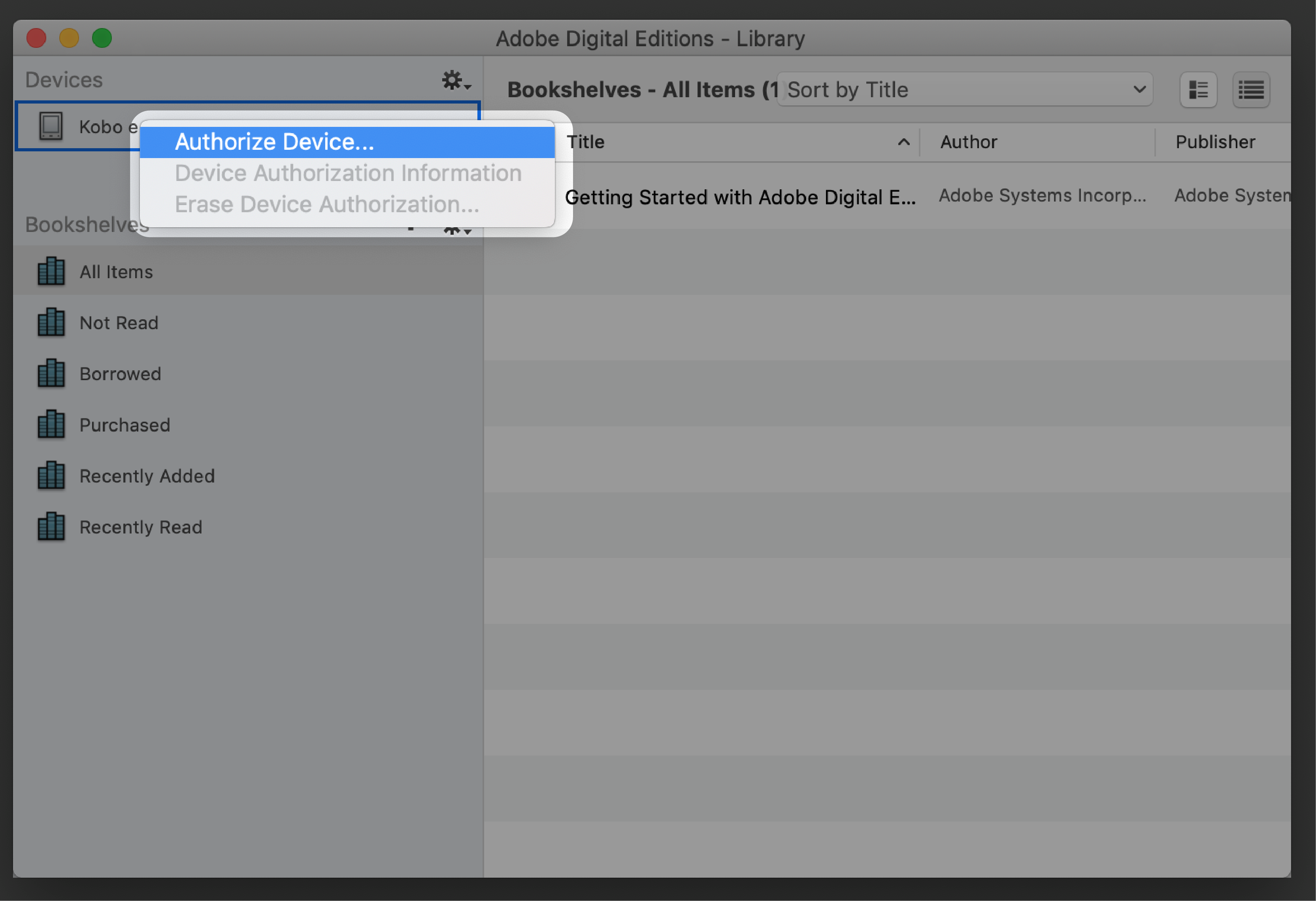 Adobe Digital Editions menu with the Authorize Device menu highlighted.