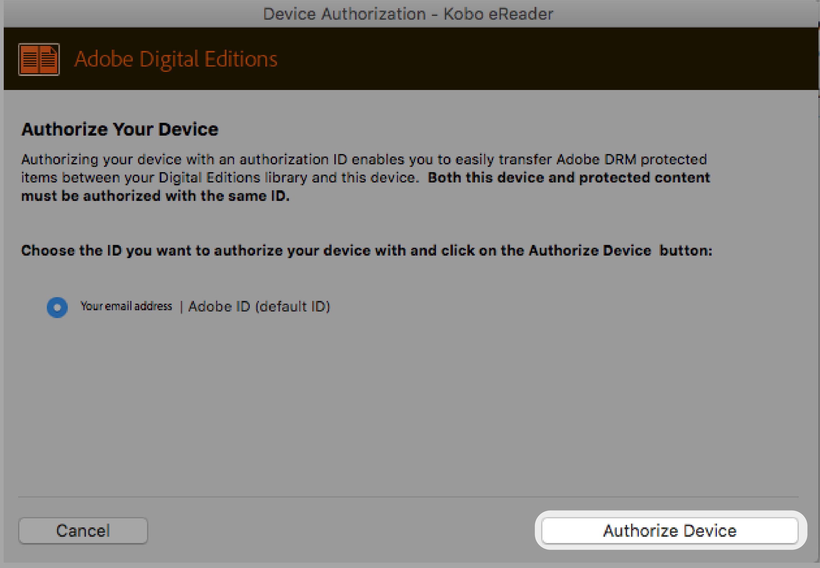 Adobe Digital Editions setup menu with the Authorize Device button highlighted.