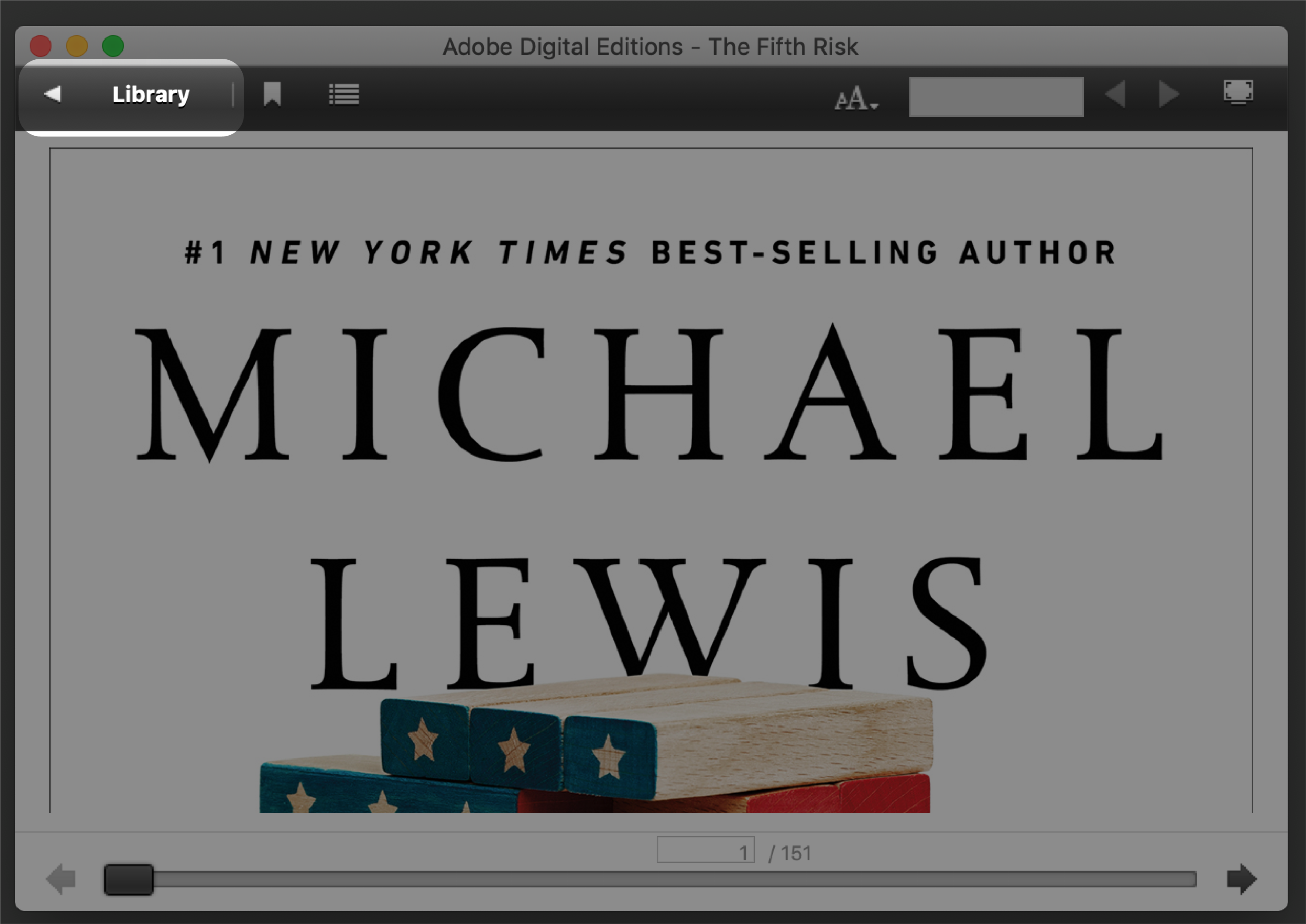 Adobe Digital Editions with the Library button highlighted near the top left of the screen.