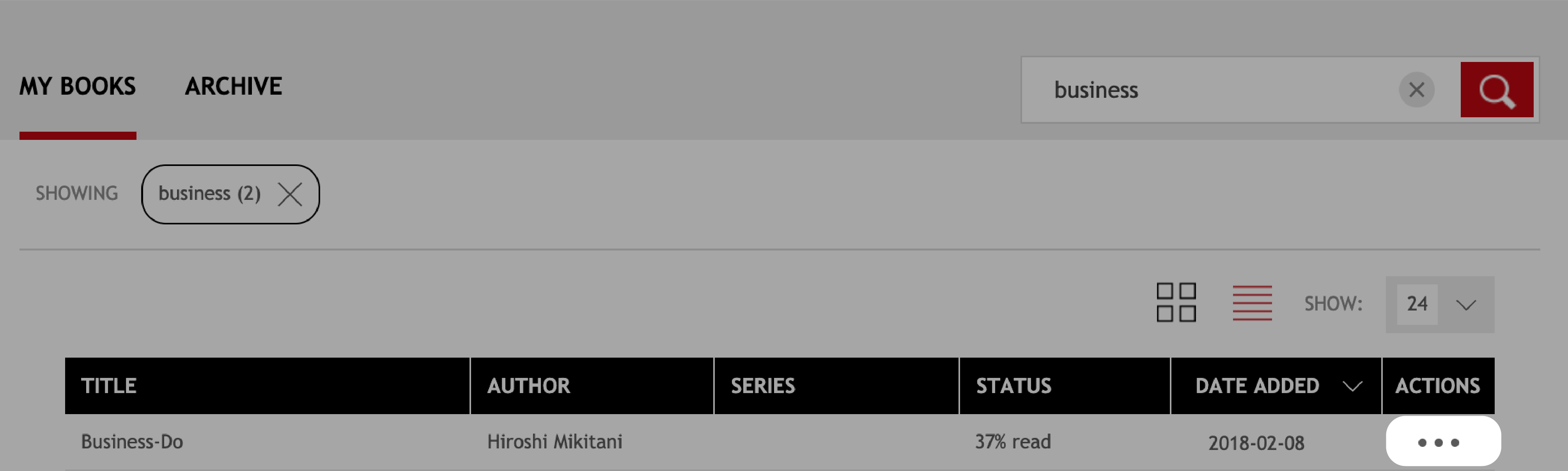 Kobo My books menu with the Actions icon highlighted.