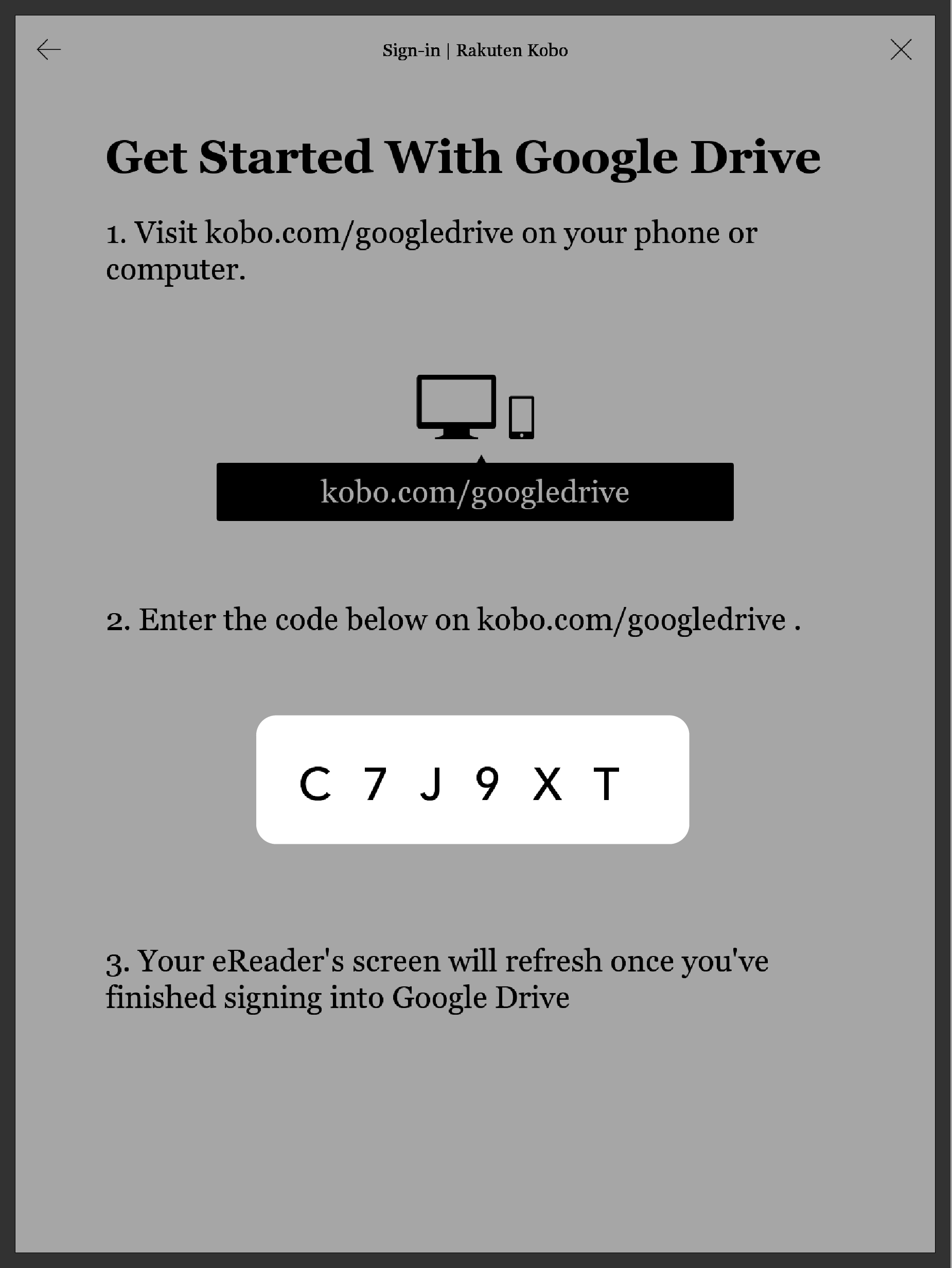 Google Drive-Einrichtungsbildschirm auf dem Kobo eReader mit hervorgehobenem Code.