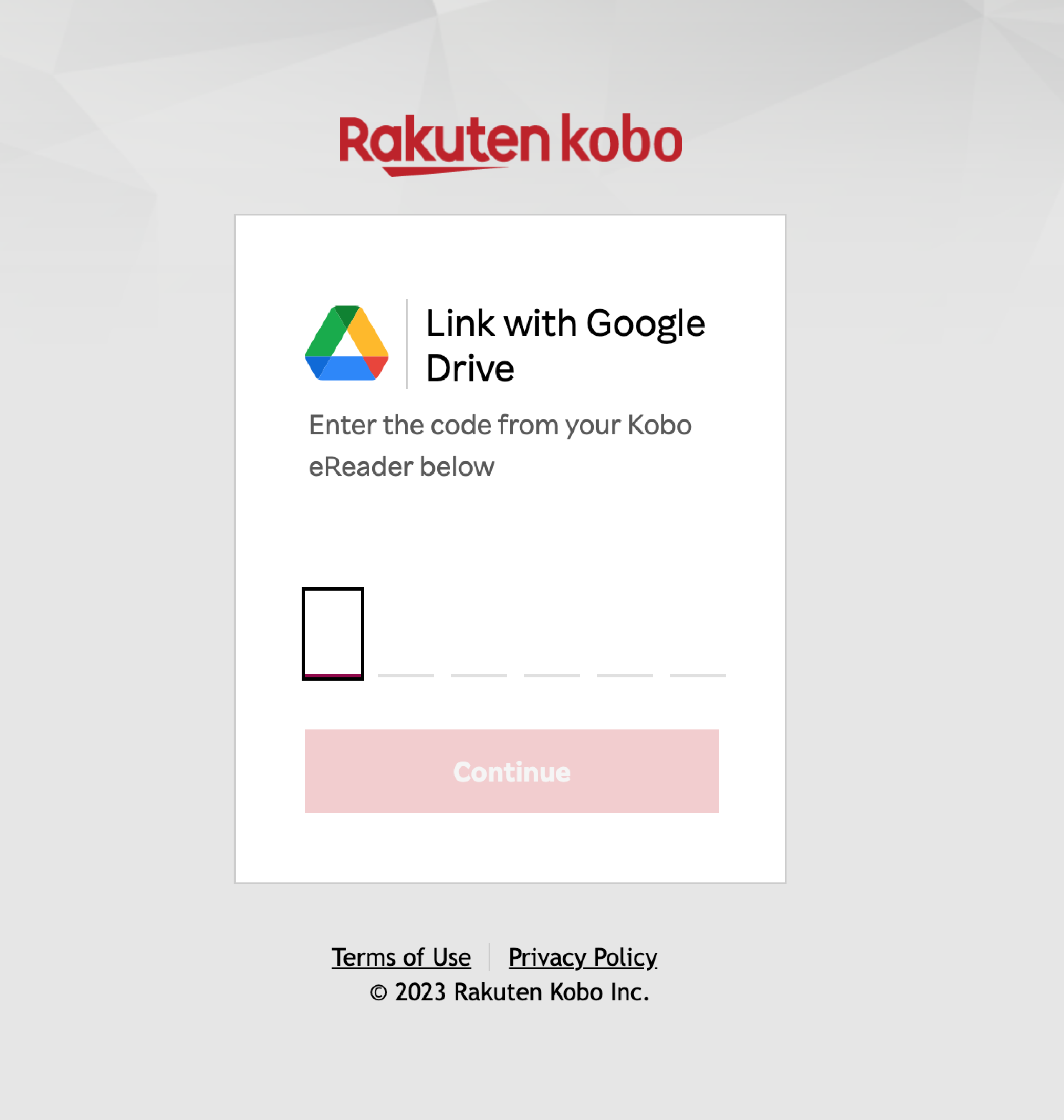 Kobo-Anmeldeseite mit geöffnetem „Mit Google Drive verbinden“-Menü und hervorgehobenem „Weiter“-Button.