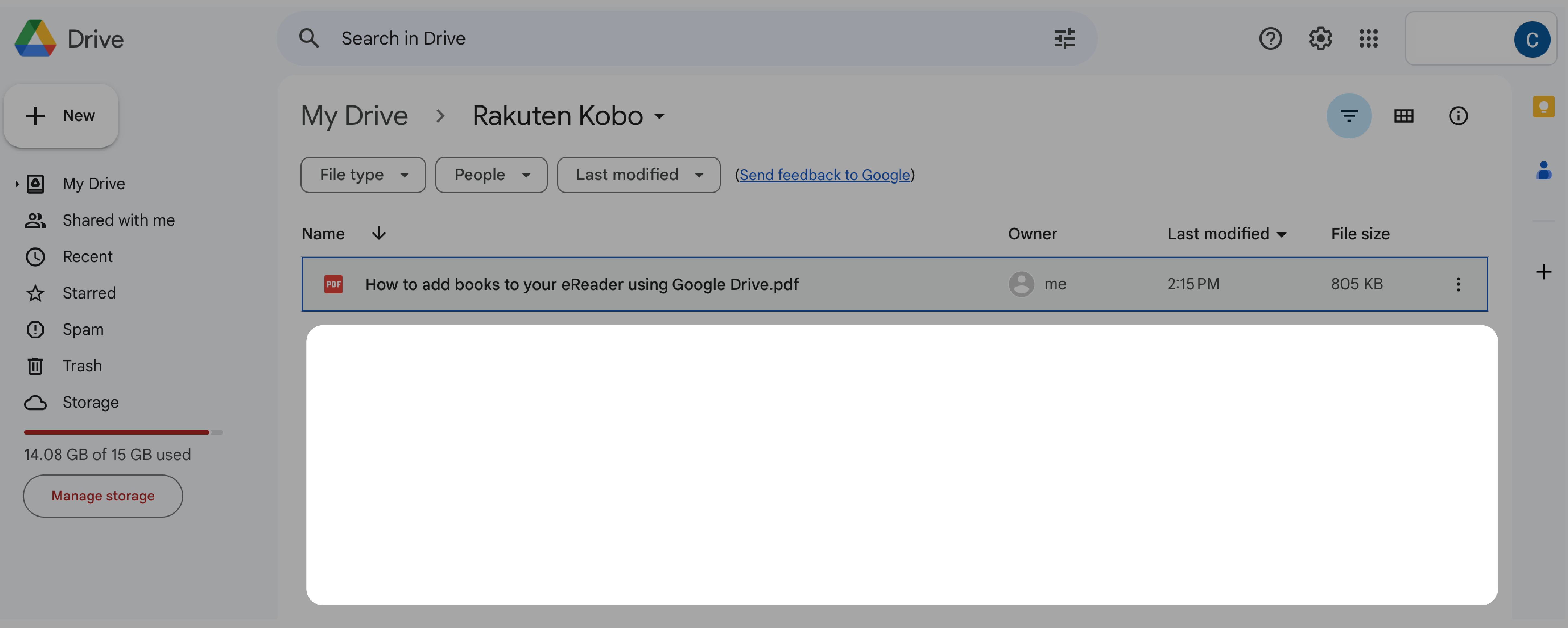 Google Drive home screen with the Rakuten Kobo directory highlighted near the bottom of the screen.