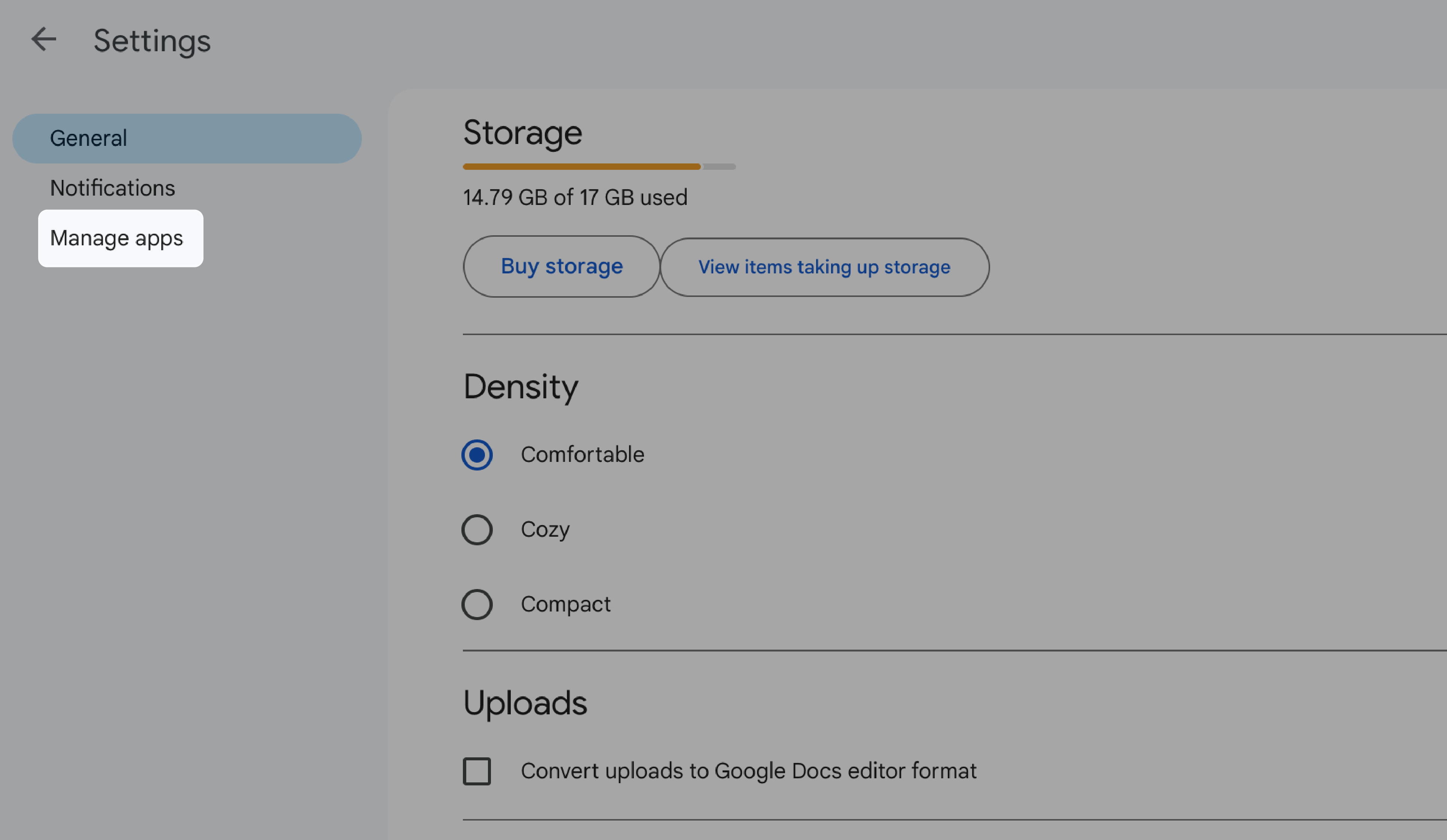 Google apps screen with the Manage apps button highlighted.