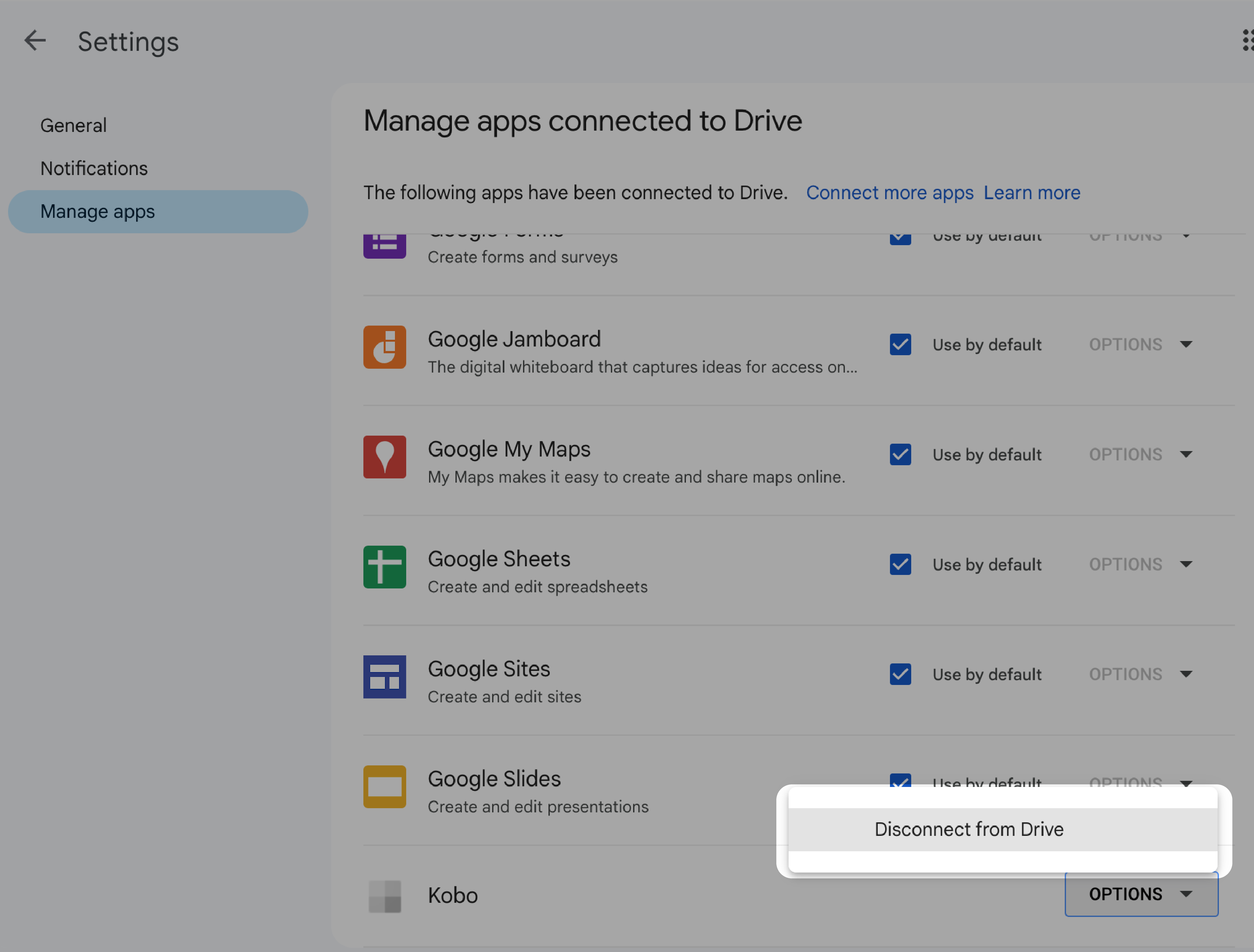 Google Drive Settings screen with the Disconnect from Drive button highlighted.