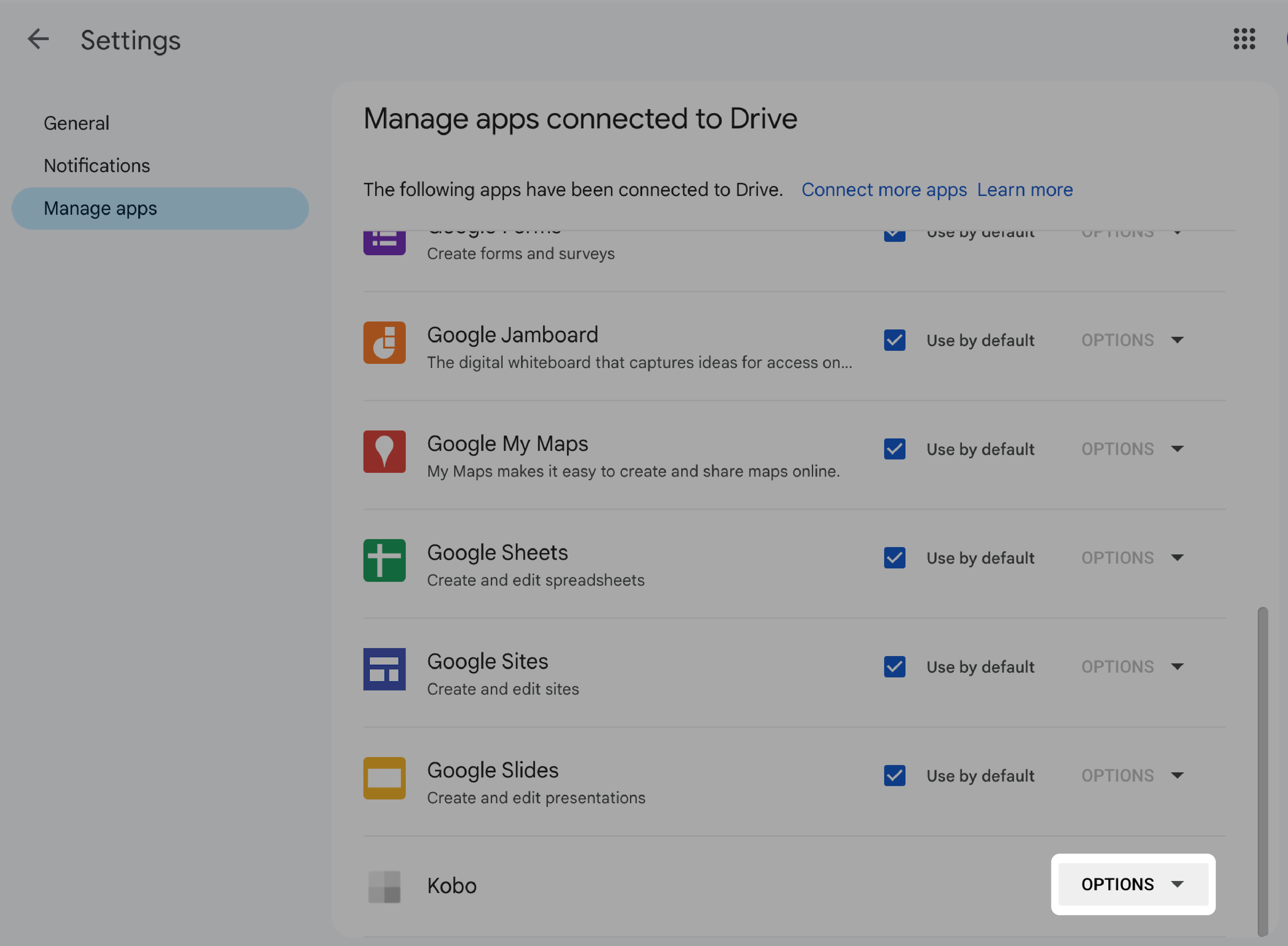 Google Drive Settings screen with the Options button highlighted.