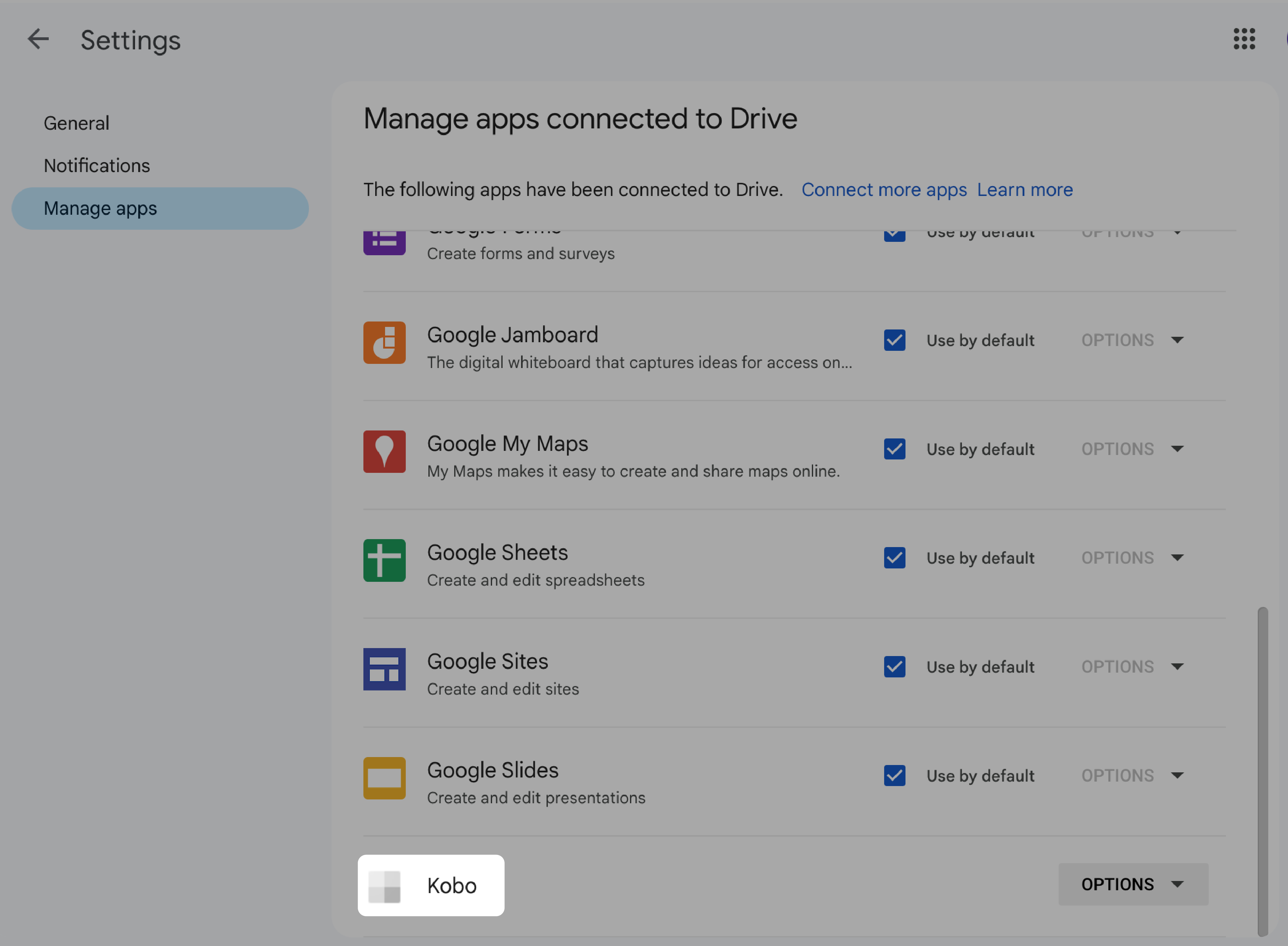 The Manage apps connected to Drive menu with the Kobo app highlighted near the bottom of the image.