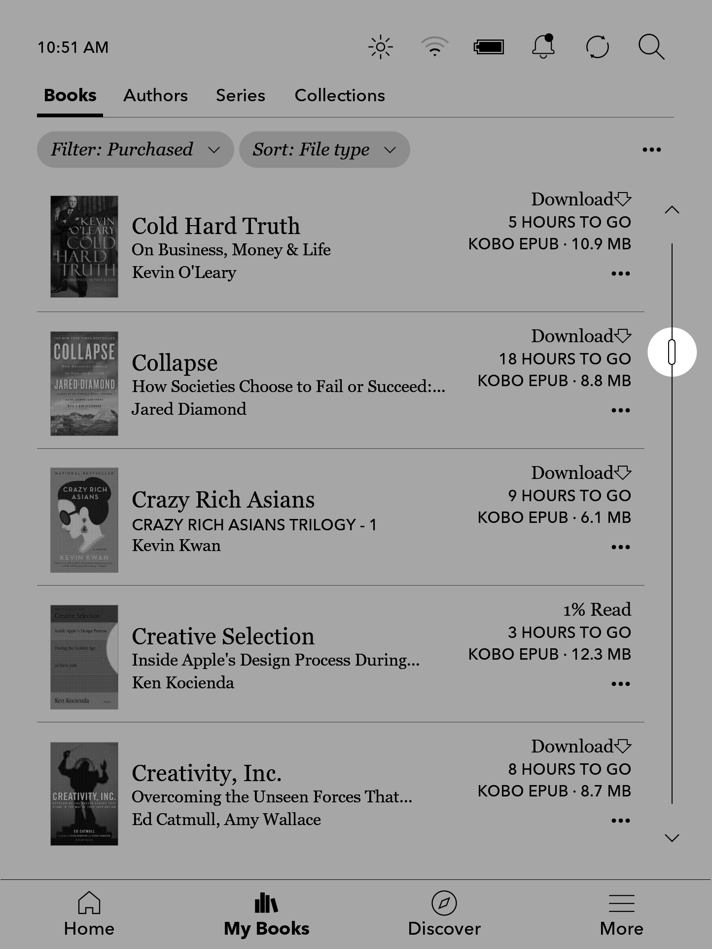 Menu de Livros do Kobo eReader com o cursor da barra de rolagem destacado.