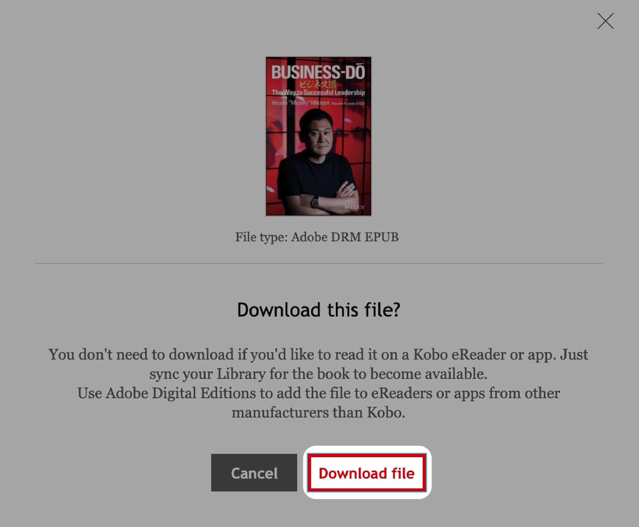 Kobo.com Book menu with the Download File button highlighted.