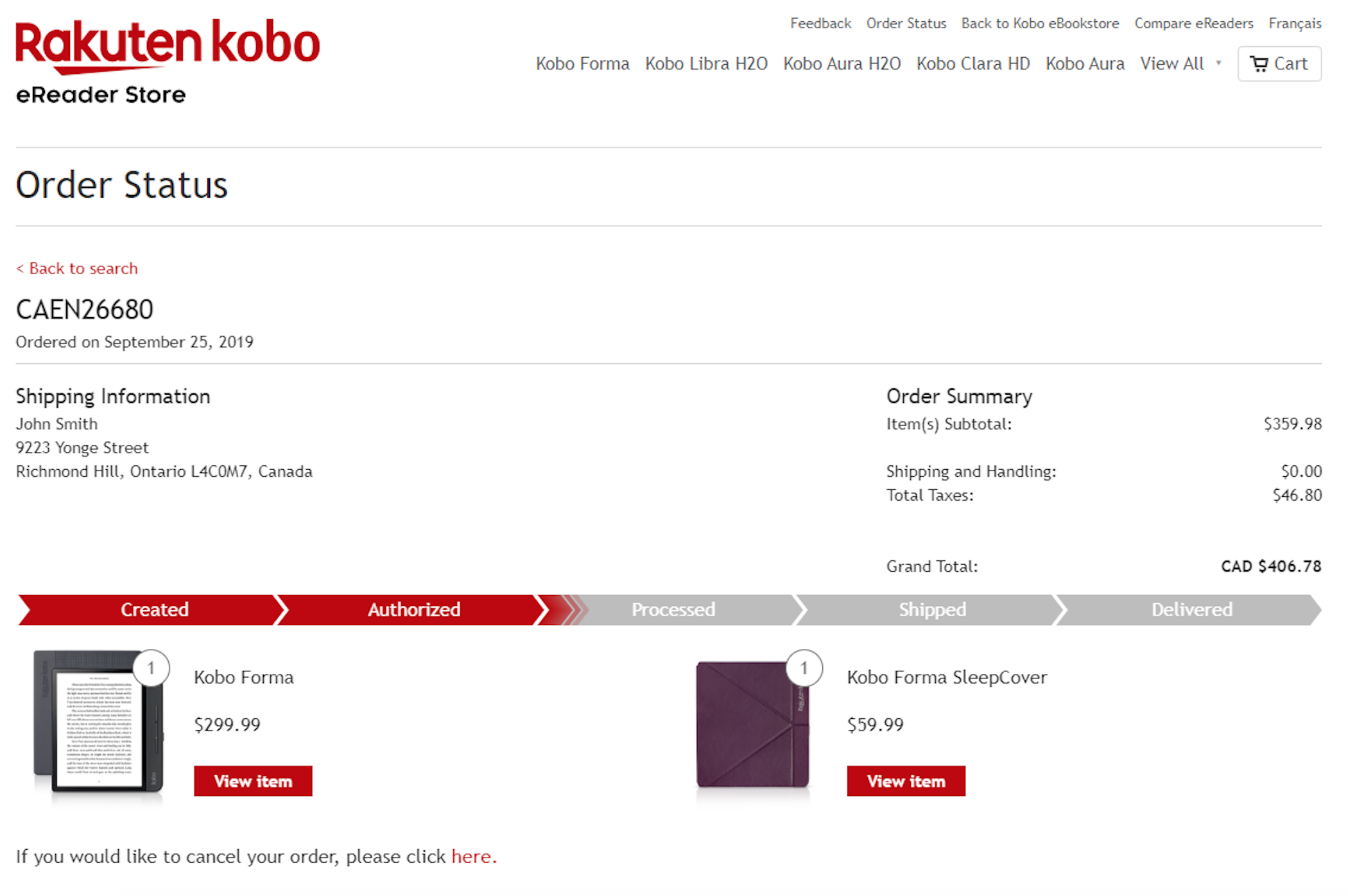 Kobo Order Status Page that shows items ordered and other purchase details.