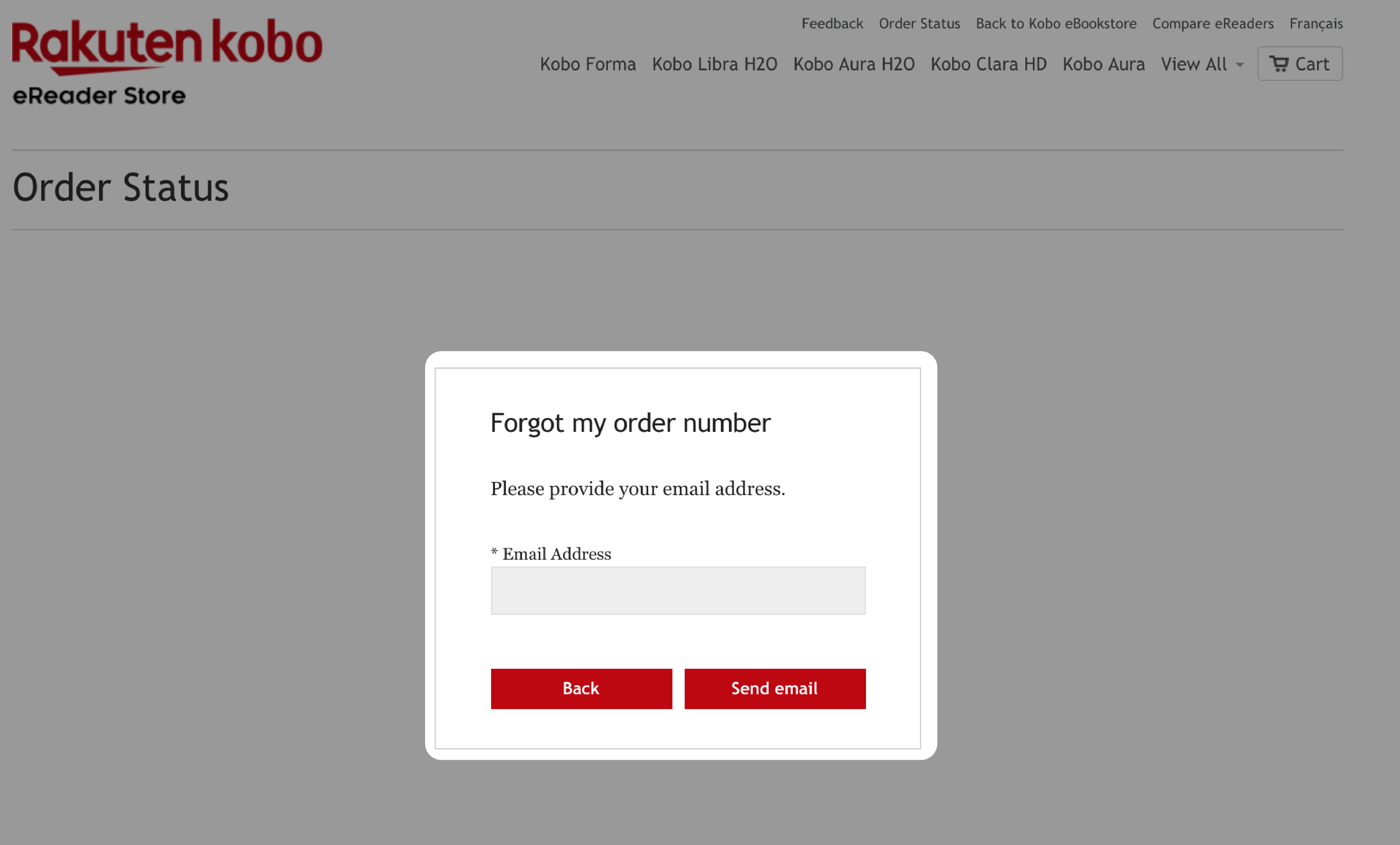 Kobo order status page with the Forgot your order number email address highlighted.