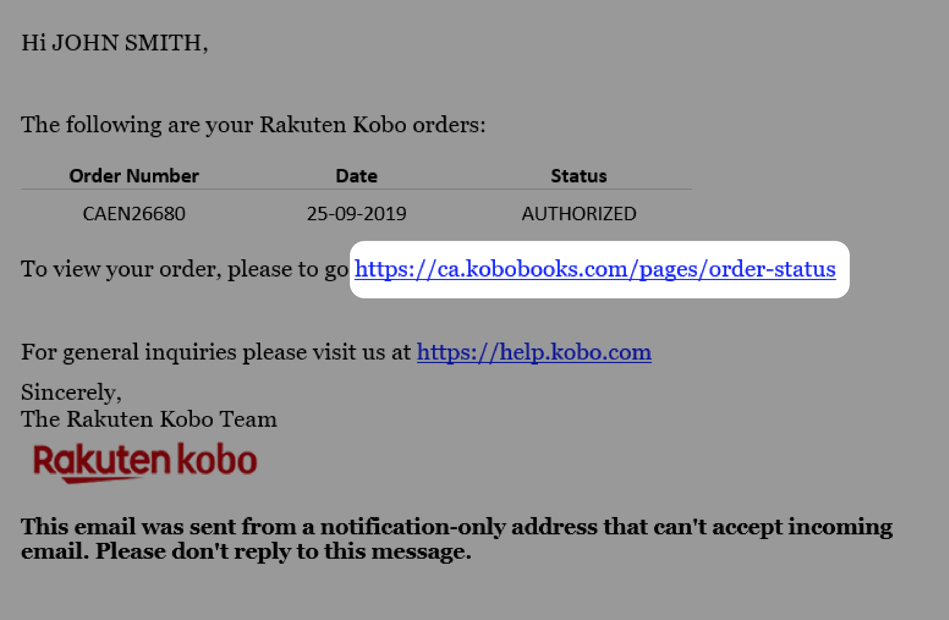 Recibo de Encomenda Kobo com o link do estado da encomenda destacado.