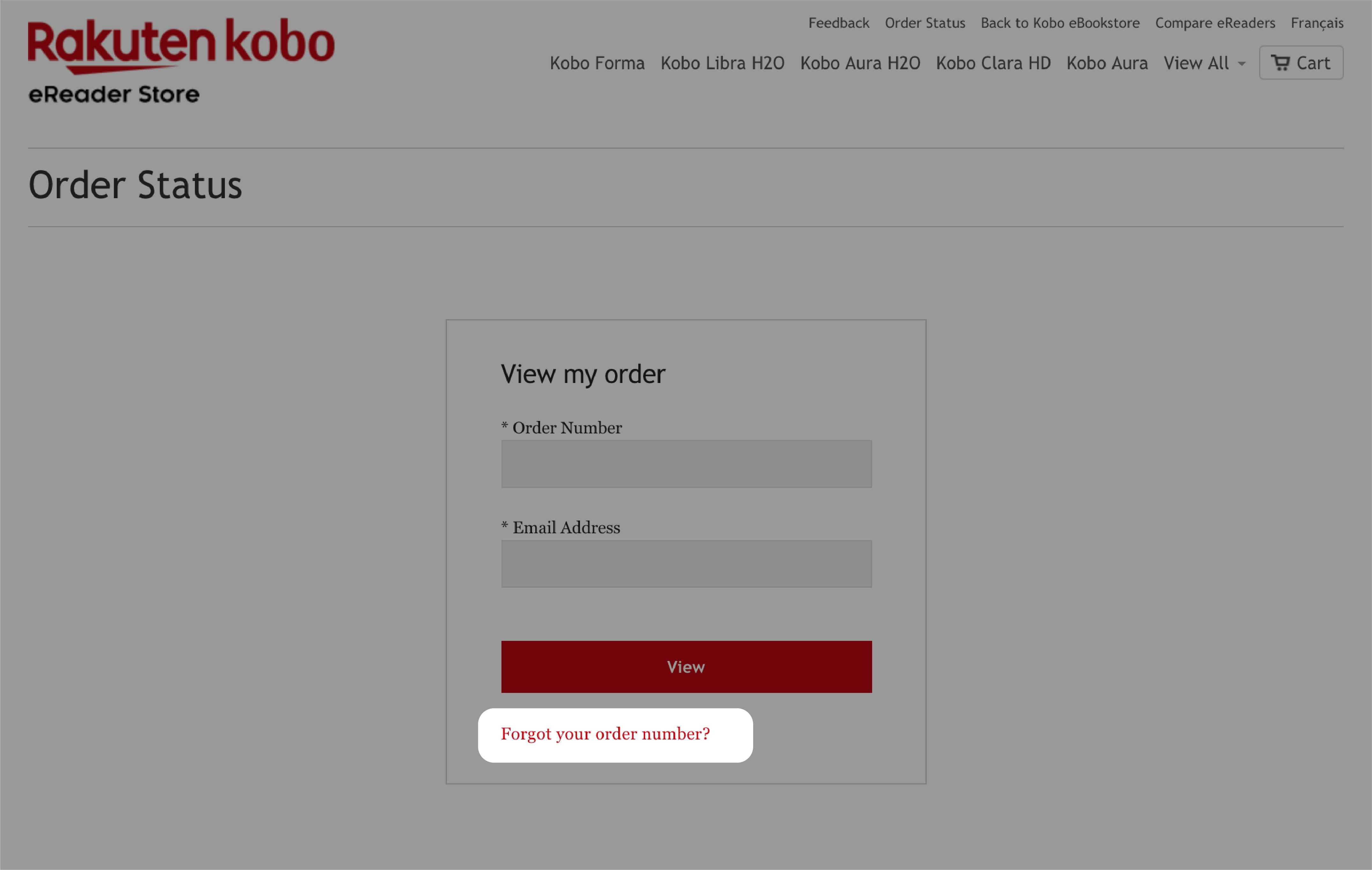 Kobo-orderstatussida med knappen Glömt ditt ordernummer markerad.