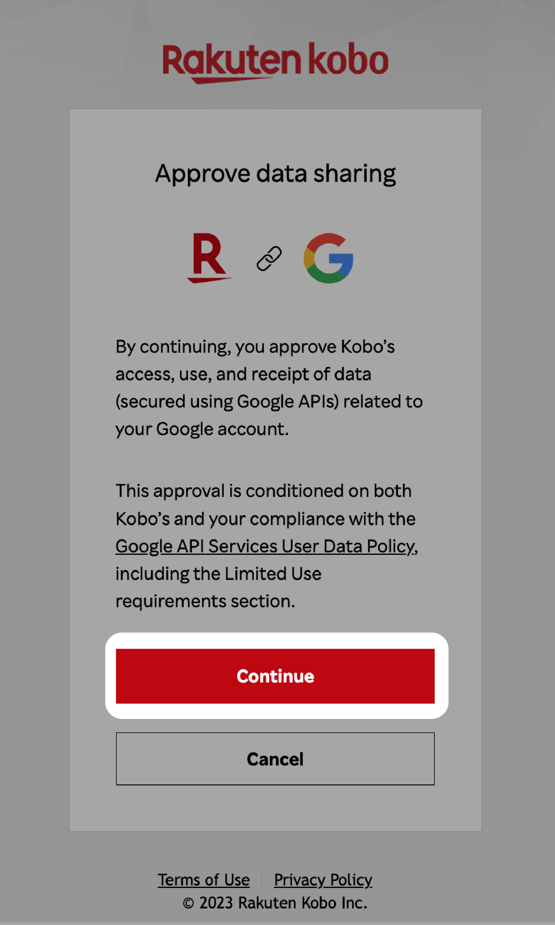 A pop-up message about Approve data sharing with the Continue button highlighted.