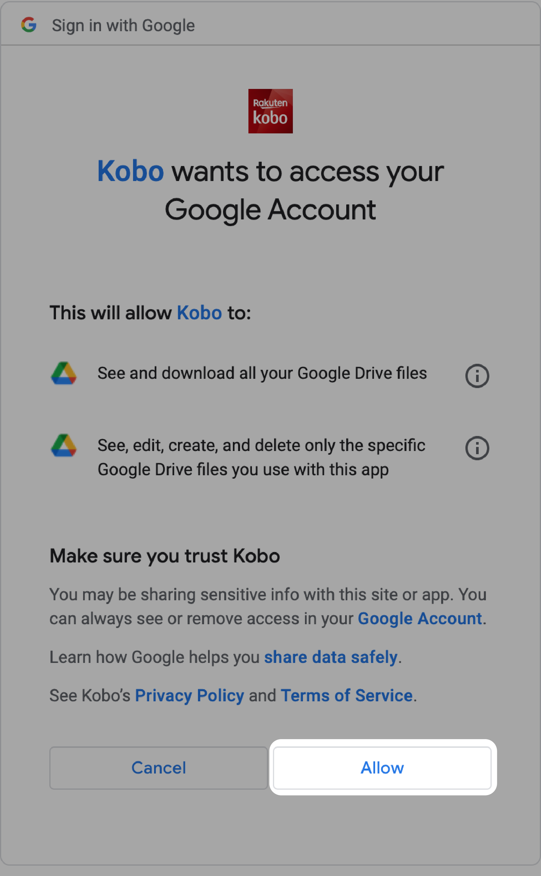 Google pop-up message about granting Kobo access to your Google account with the Allow button highlighted.