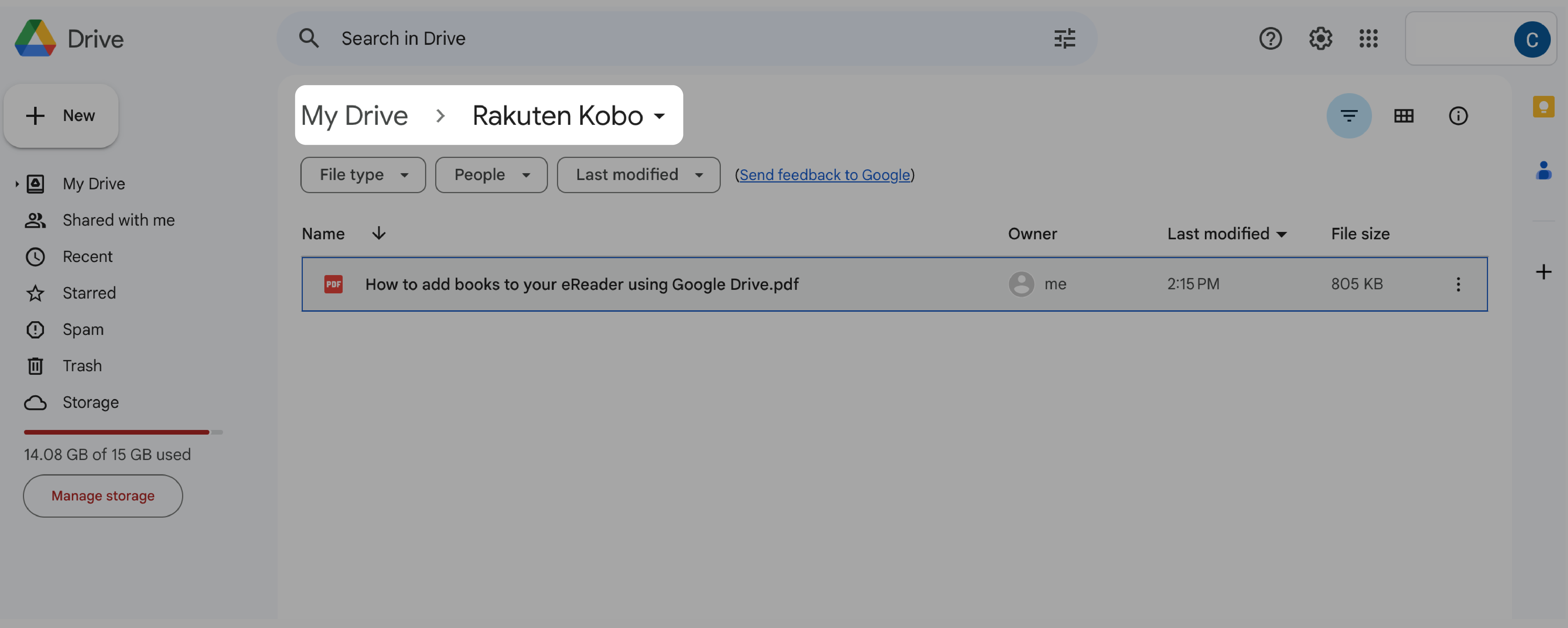 Google Drive home screen with the Rakuten Kobo directory highlighted near the top of the screen.