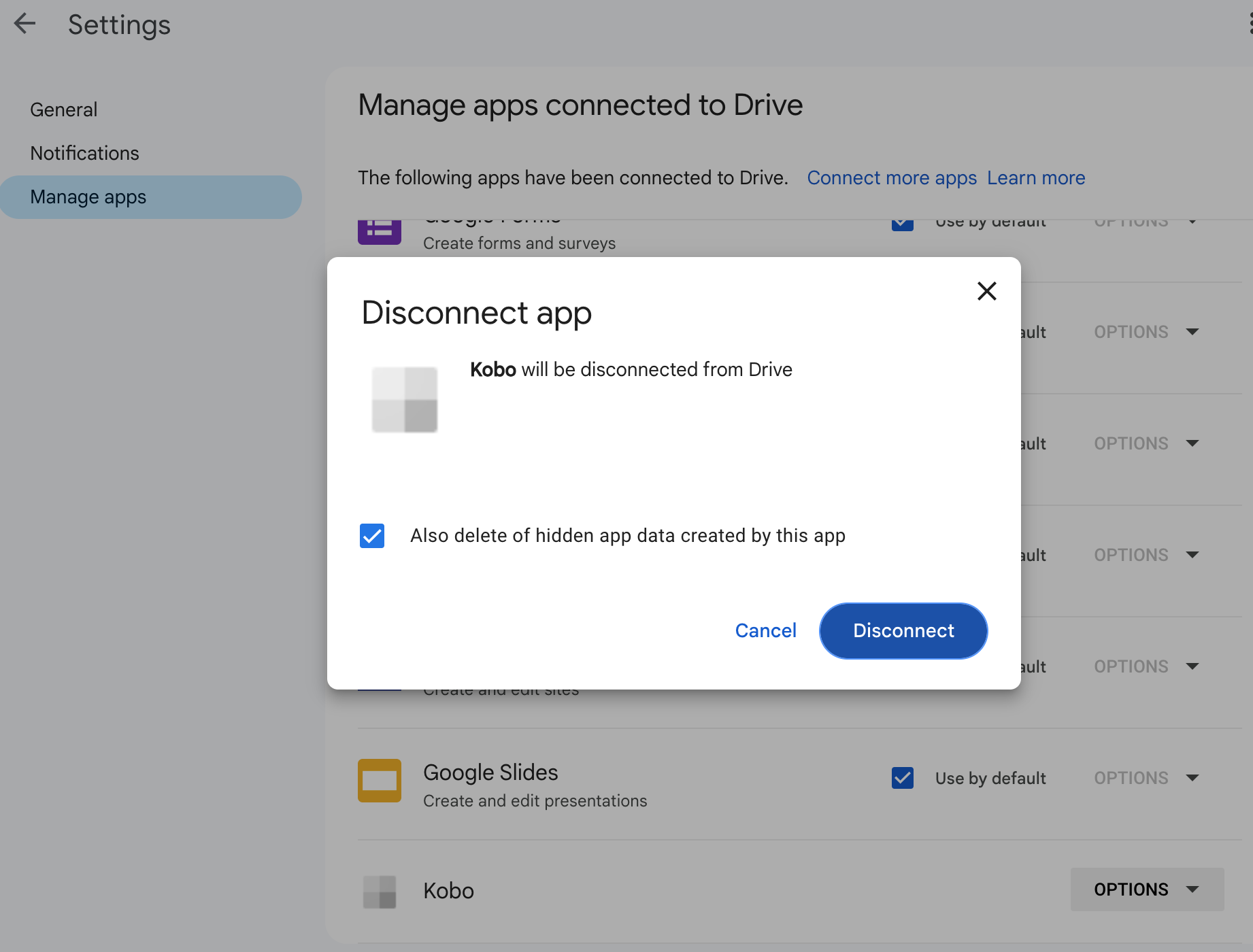 Google Drive Settings screen with the Disconnect App window highlighted.