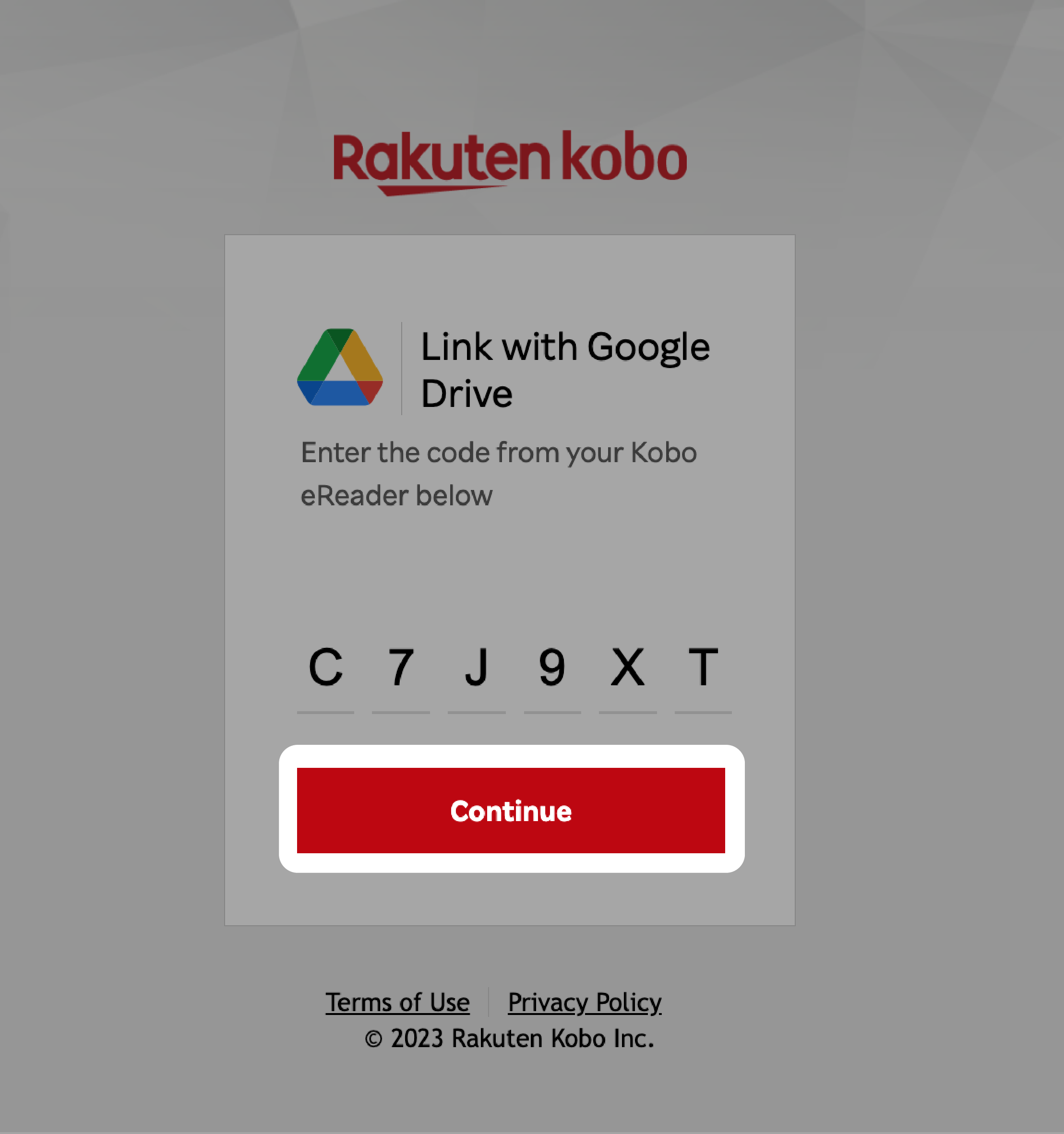 Página de inicio de sesión de Kobo con el menú Vincular con Google Drive abierto y el botón Continuar resaltado.