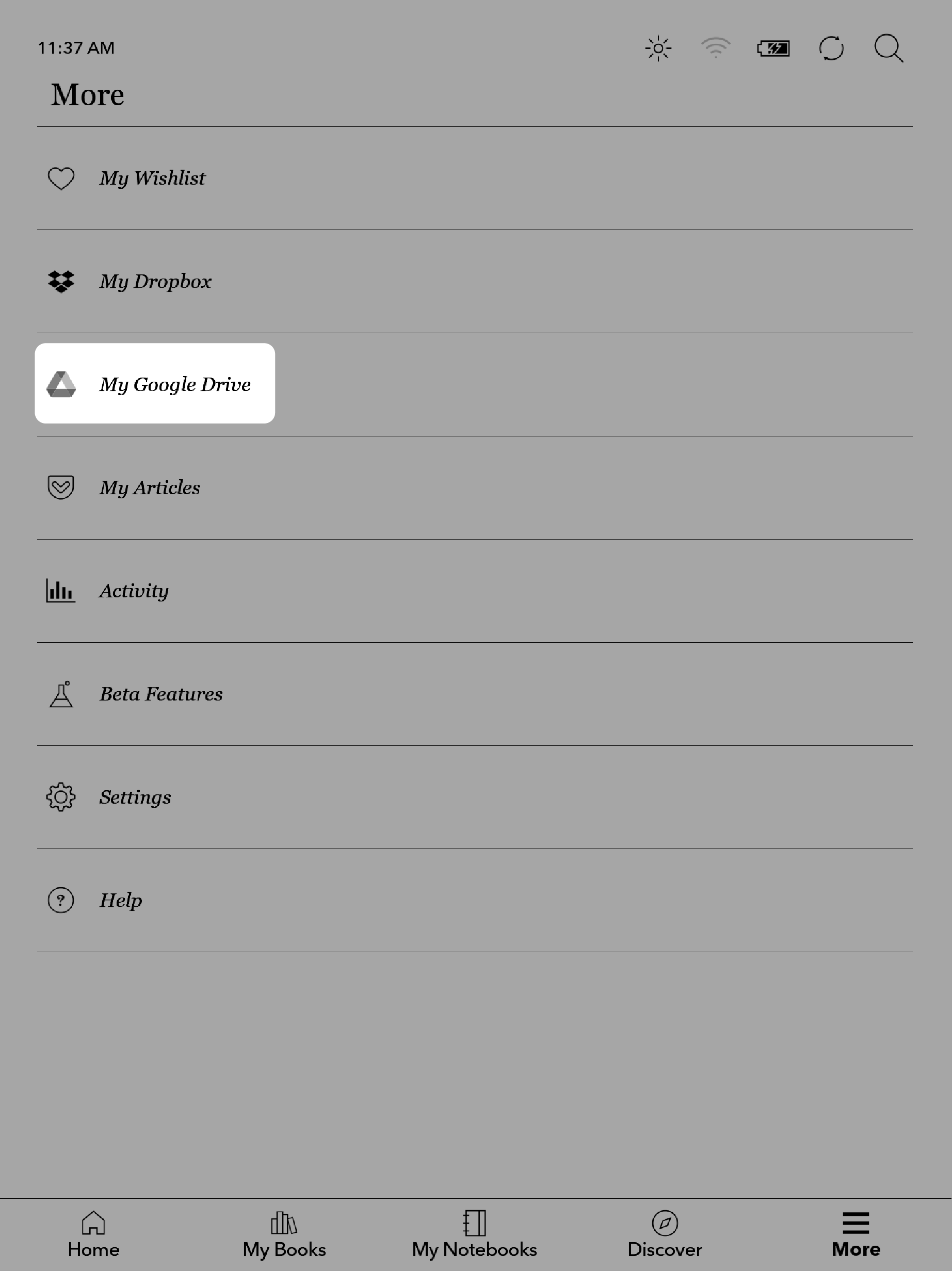 Kobo eReader's Meer-menu met de Mijn Google Drive-knop gemarkeerd.