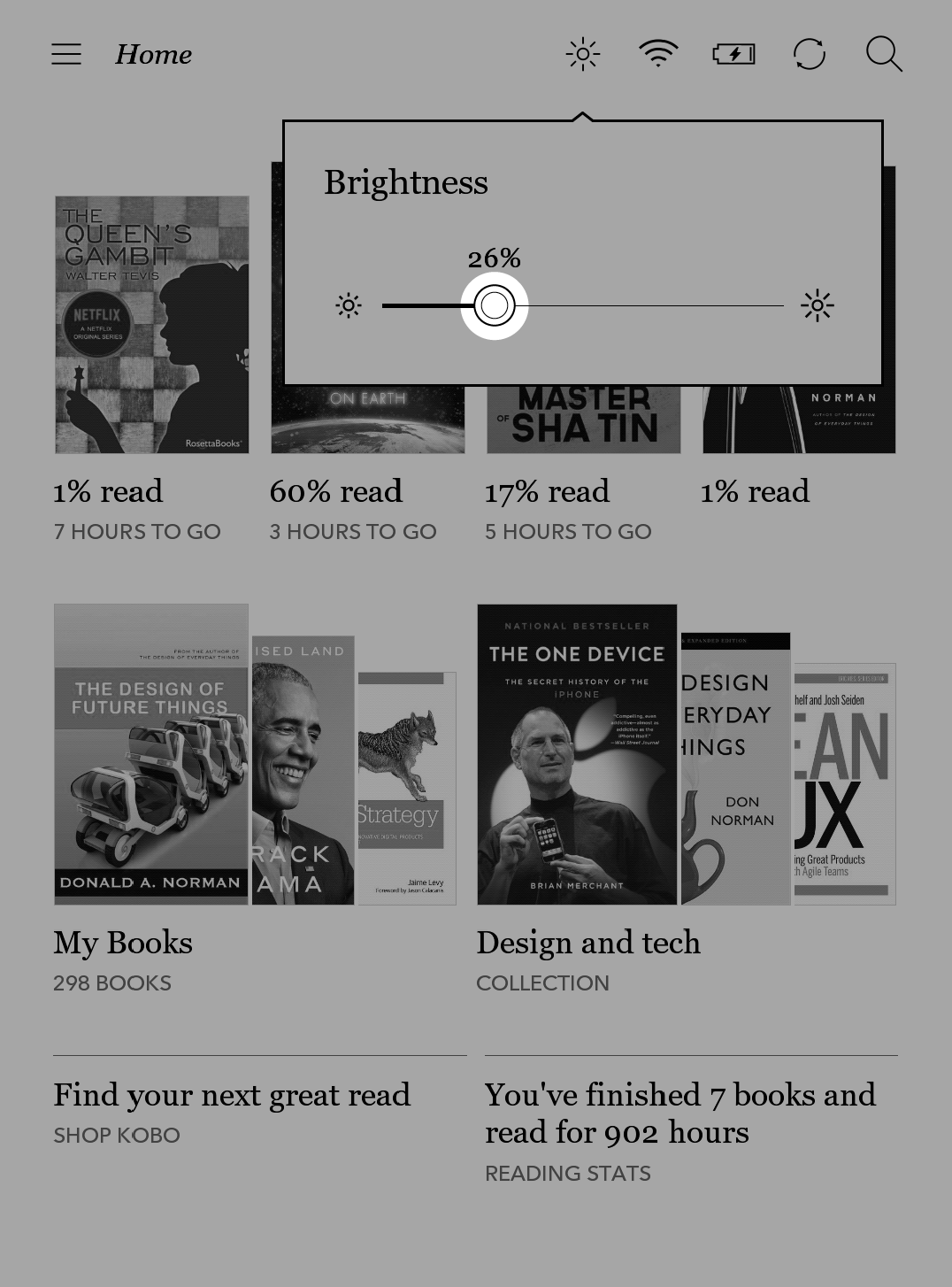 Schermata Home dell'eReader Kobo con il menu Luminosità evidenziato.