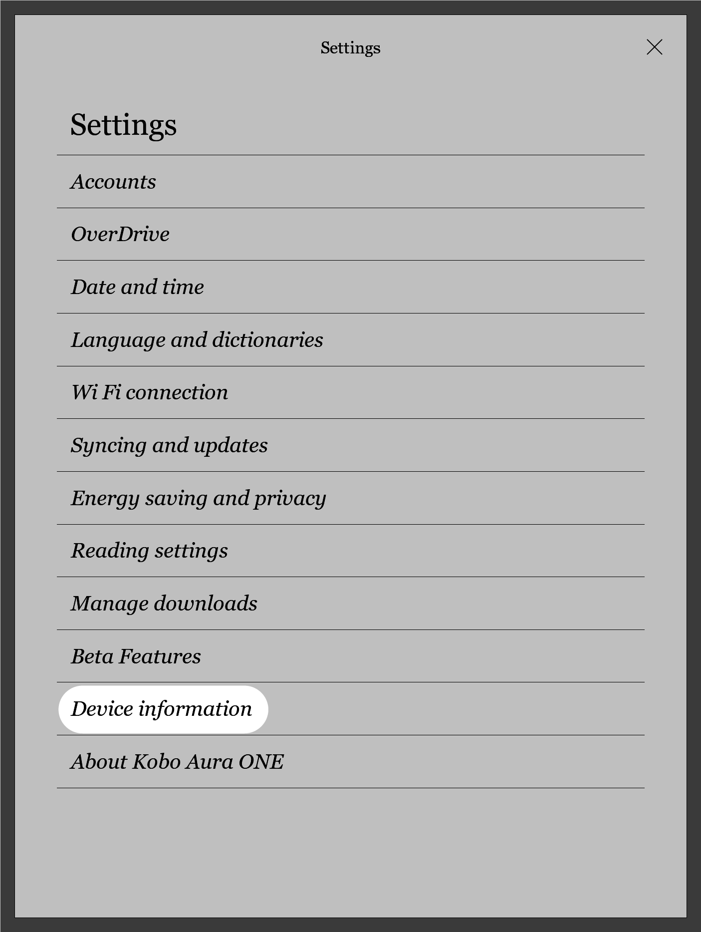 Kobo eReader Settings menu with the Device information button highlighted.