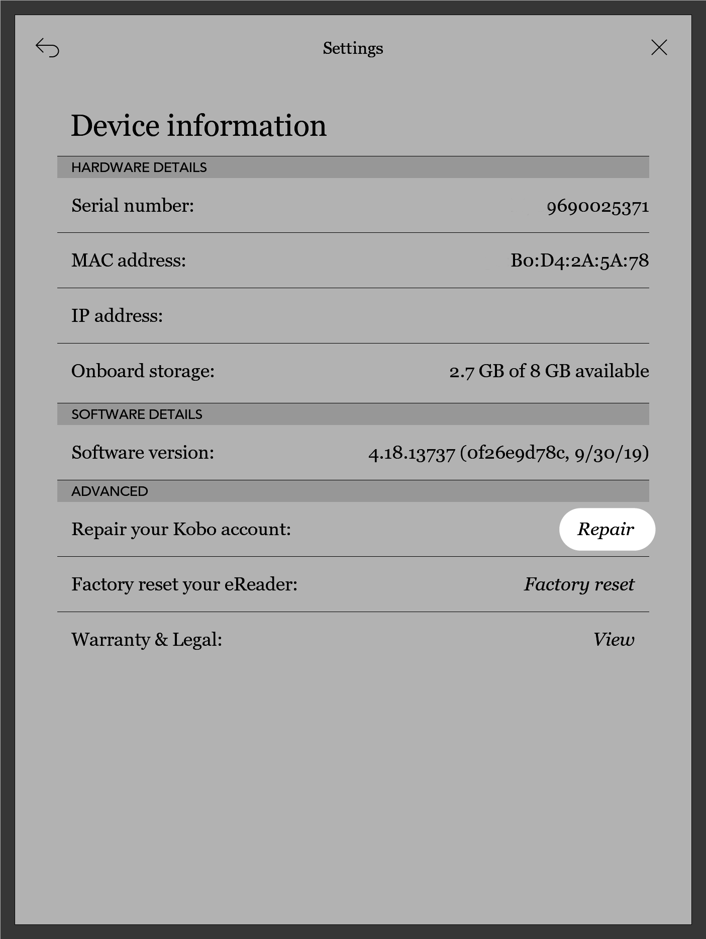 Pantalla de información del dispositivo Kobo eReader con el botón Reparar resaltado.