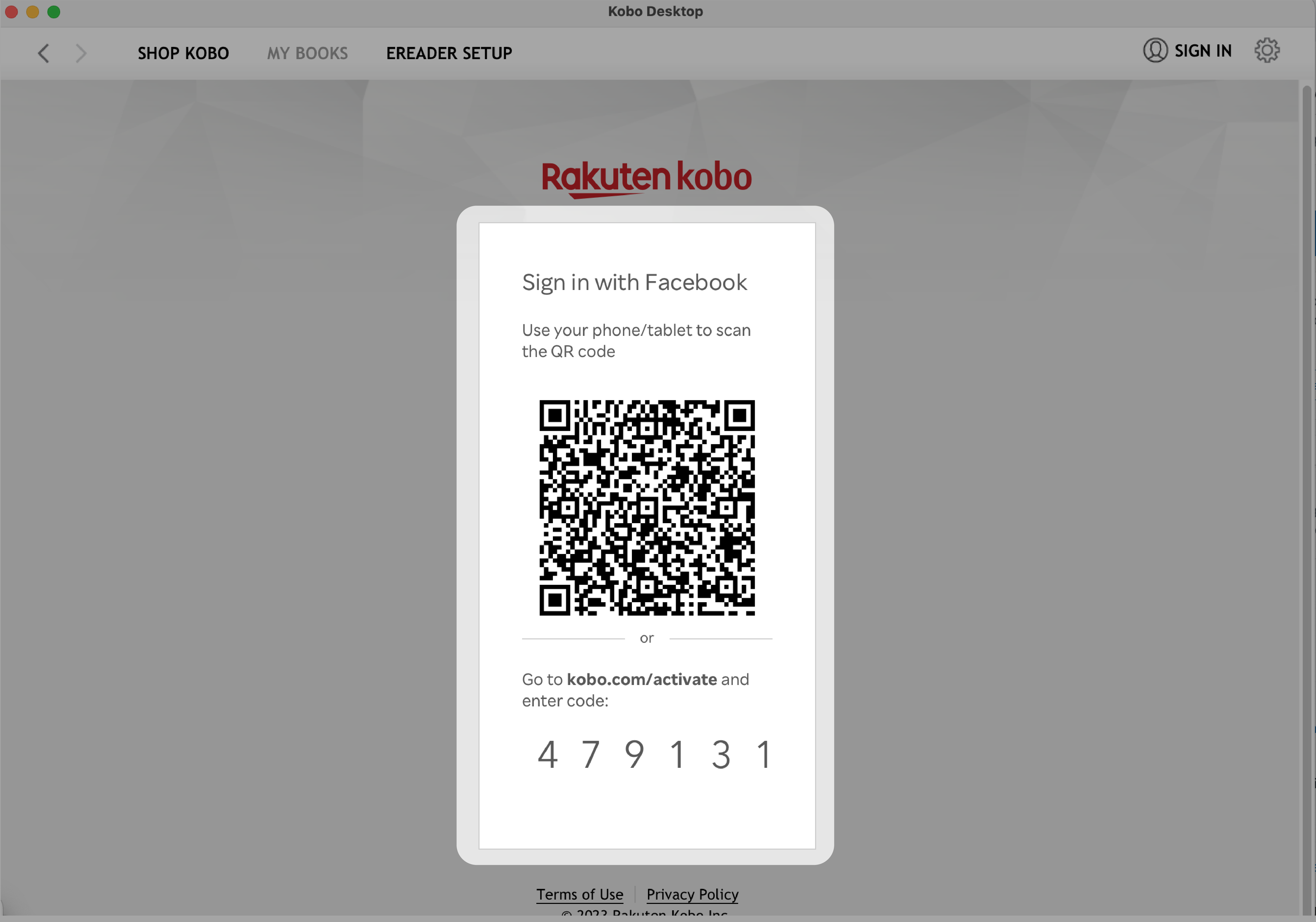 Kobo Desktop-App mit hervorgehobenem "Mit Facebook anmelden"-QR-Code.