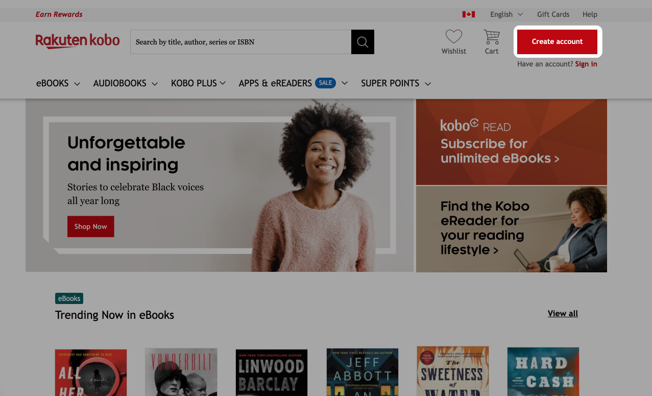 Schermata principale di Kobo.com con il pulsante Crea account evidenziato vicino all'angolo in alto a destra dello schermo.