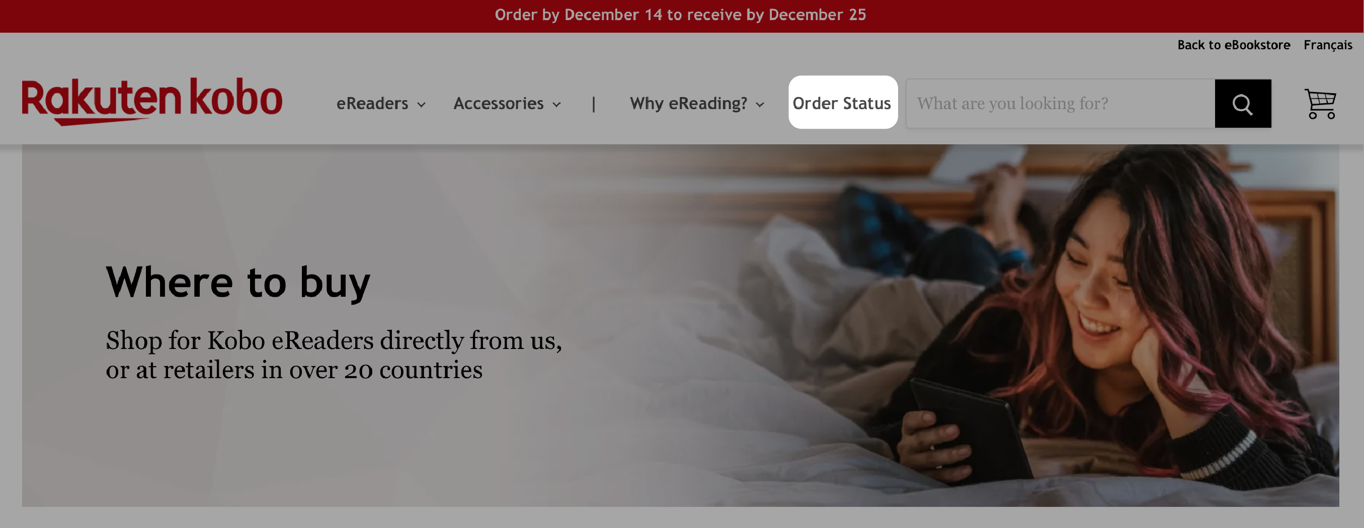 Kobo.com home page with Order Status button highlighted.