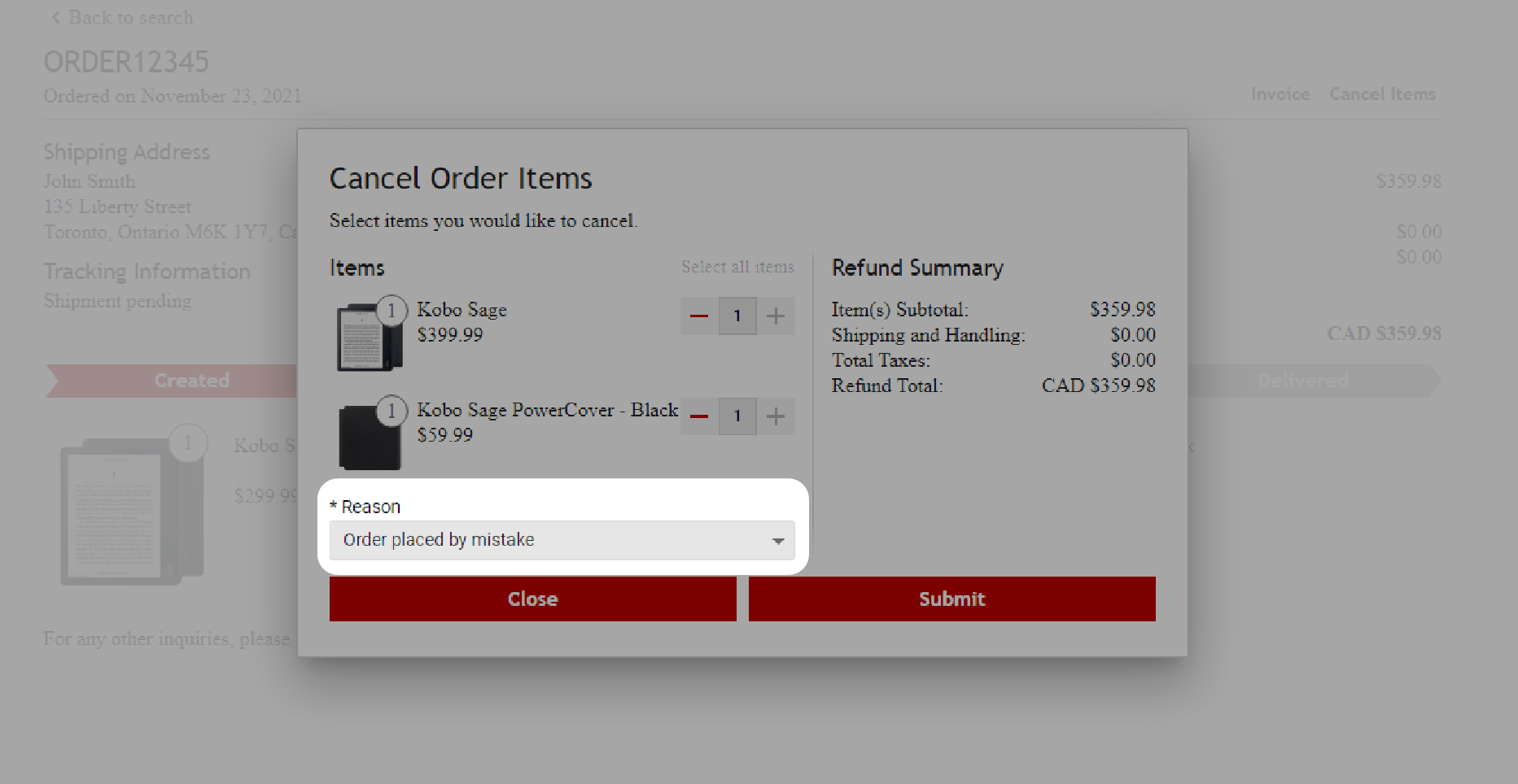Cancel Order Items window with the Reason drop-down menu highlighted.